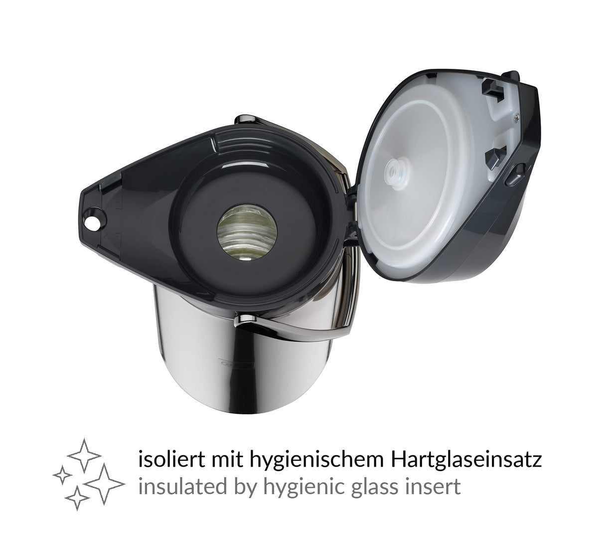 alfi GETRÄNKESPENDER 2,2 l, jarra con bomba de acero inoxidable pulido con inserción de vidrio duro, bomba integrada, mantiene el calor 12 horas y el frío 24 horas, 24 tazas, fondo 360°, para catering