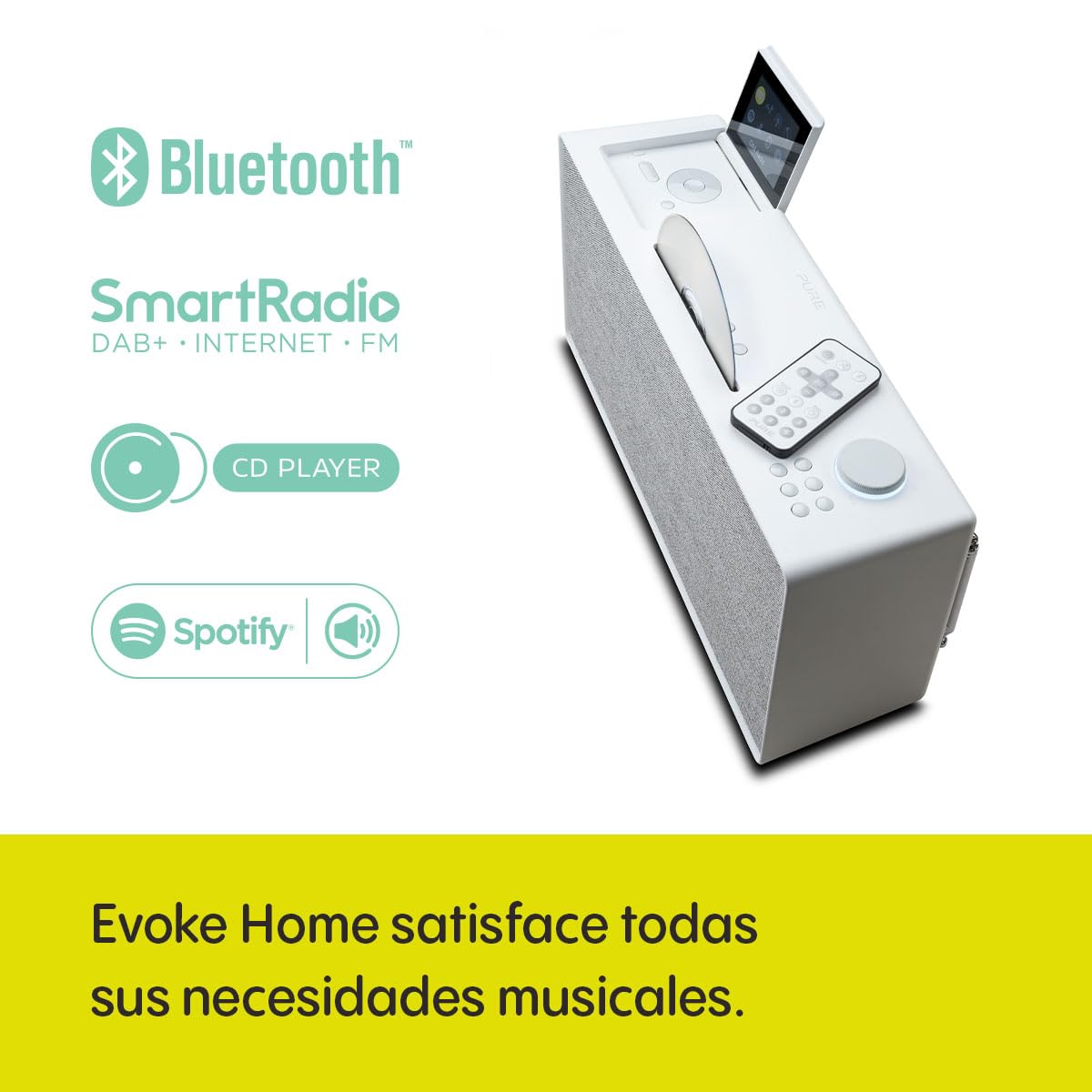 Sistema de música Pure Evoke Home All-In-One para el hogar (Radio Dab+/UKW, Radio por Internet, Podcasts, Spotify Connect, Bluetooth, CD y un Potente Sonido estéreo de 100 vatios), Blanco algodón