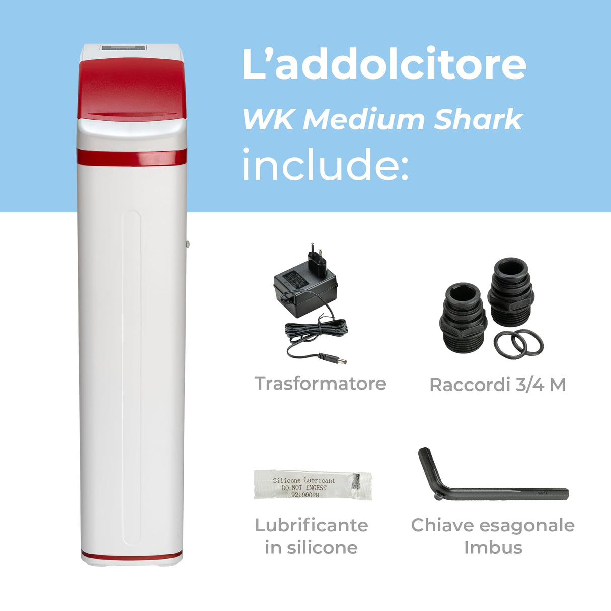 Ablandador de agua WK Medium Shark blanco – Filtrado eficaz, diseño compacto, capacidad media, ideal para 4-6 personas