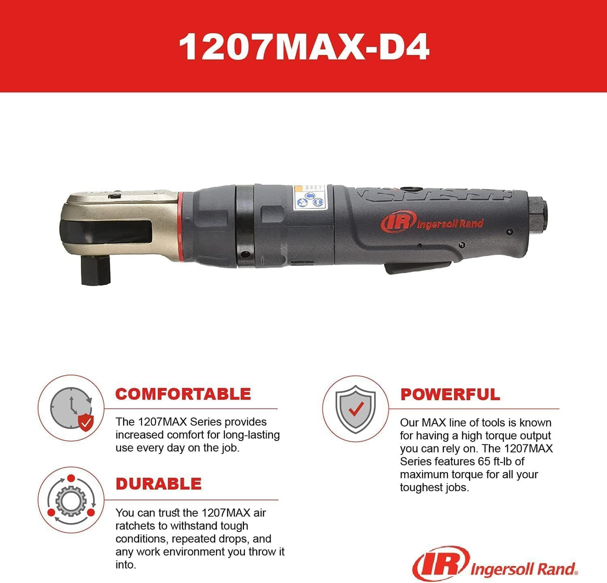Ingersoll-Rand Llave de Carraca Neumática 1/2" 1207MAX-D4 Alta Torsión 88 Nm Control Máximo Salida Giratoria Herramienta Taller Aire