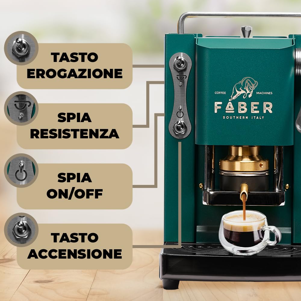 FABER COFFEE MACHINES Pro Mini Deluxe Model | Máquina de cápsulas de café de 44 mm | Acabado verde británico cromado | prensa de almohadilla de latón