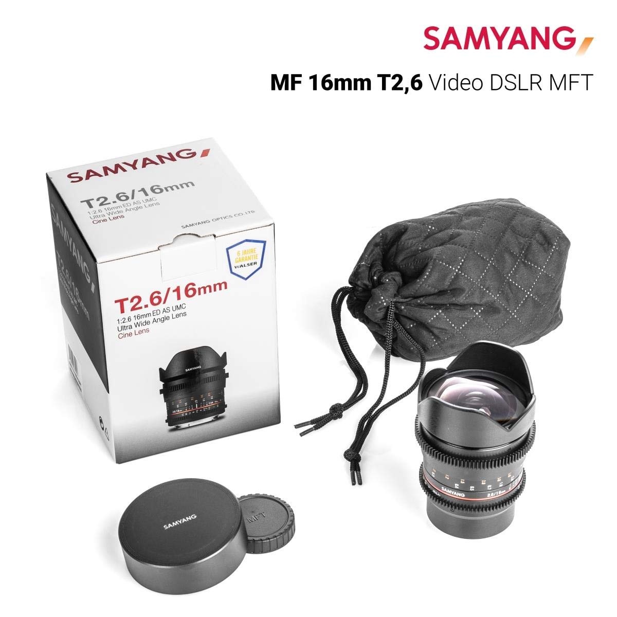 Samyang SA1314 - Objetivo para vídeo VDSLR 16 mm T2.6 ED AS UMC II para MFT (Micro 4/3) (Enfoque Manual, UMC Anti-Reflectante) Negro - con Parasol extraíble