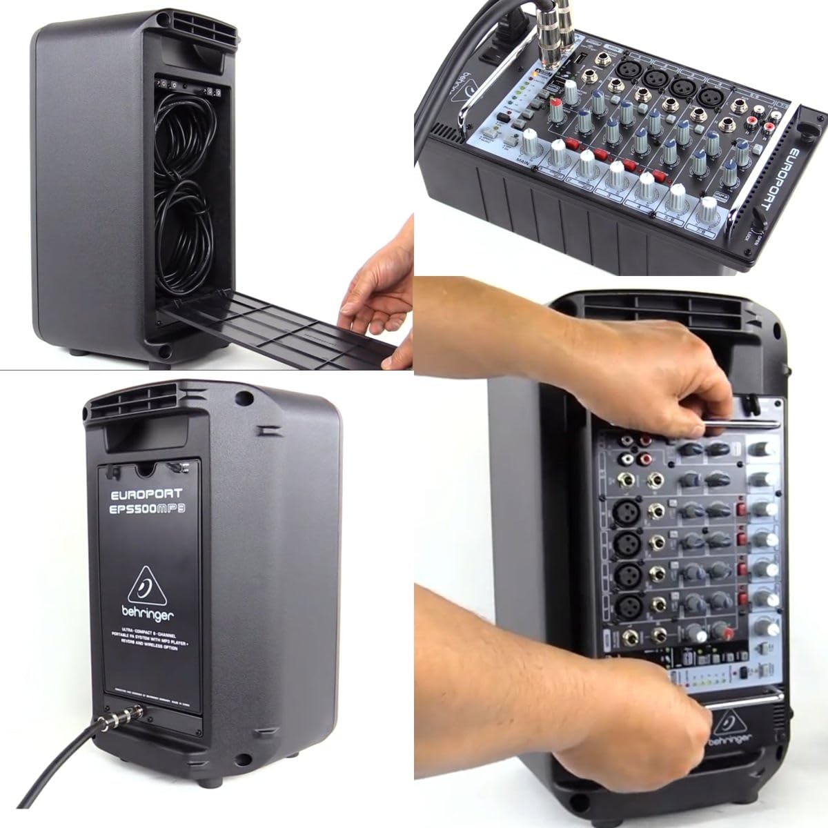 Behringer EUROPORT EPS500MP3 Sistema de megafonía portátil ultracompacto de 500 vatios y 8 canales con reproductor de MP3, reverberación y opción inalámbrica