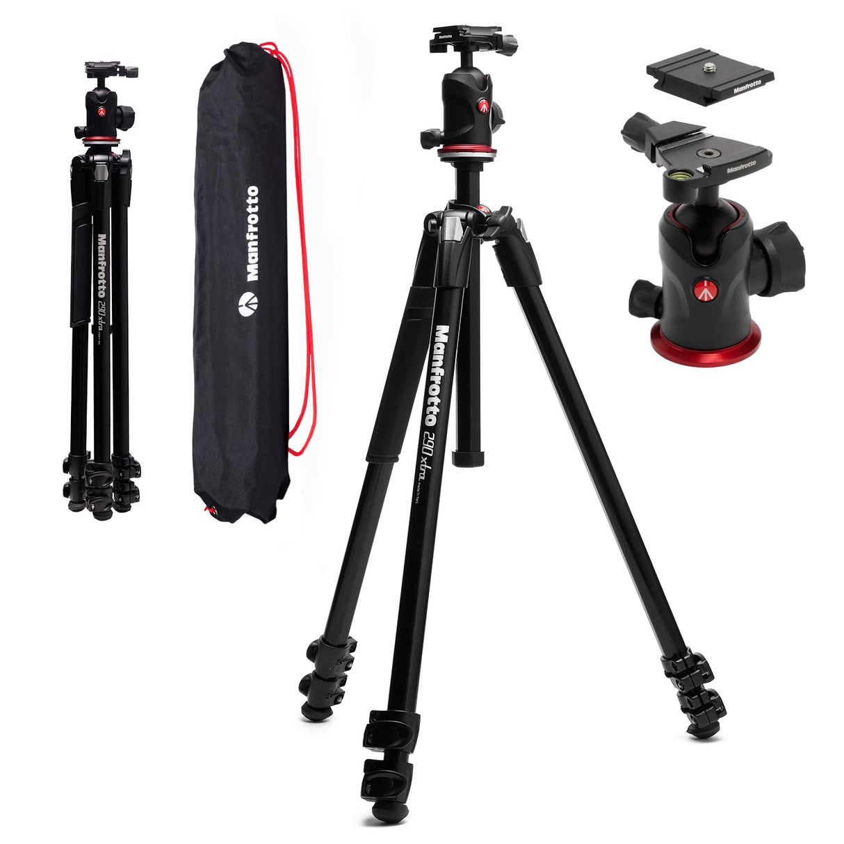 Manfrotto 290XTRA Trípode Cámara Aluminio con Rótula 496, 3 Secciones, 4 Ángulos, Cierres Rápidos, Placa Arca-Swiss, 10 kg, Bolsa, para DSLR, Cámaras sin Espejo y Compactas