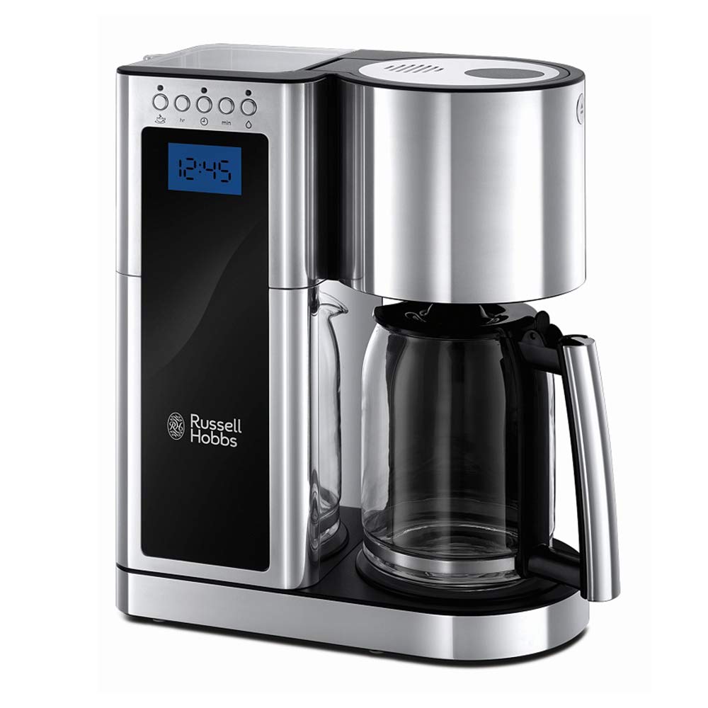 Russell Hobbs Cafetera de Goteo Elegance - Diseño de Cristal, Capacidad de 1,25L, Soporte de Filtro Extraíble, Tecnología Rociado Avanzada, Programable, Función Autolimpieza, Plata y Negro - 23370-56