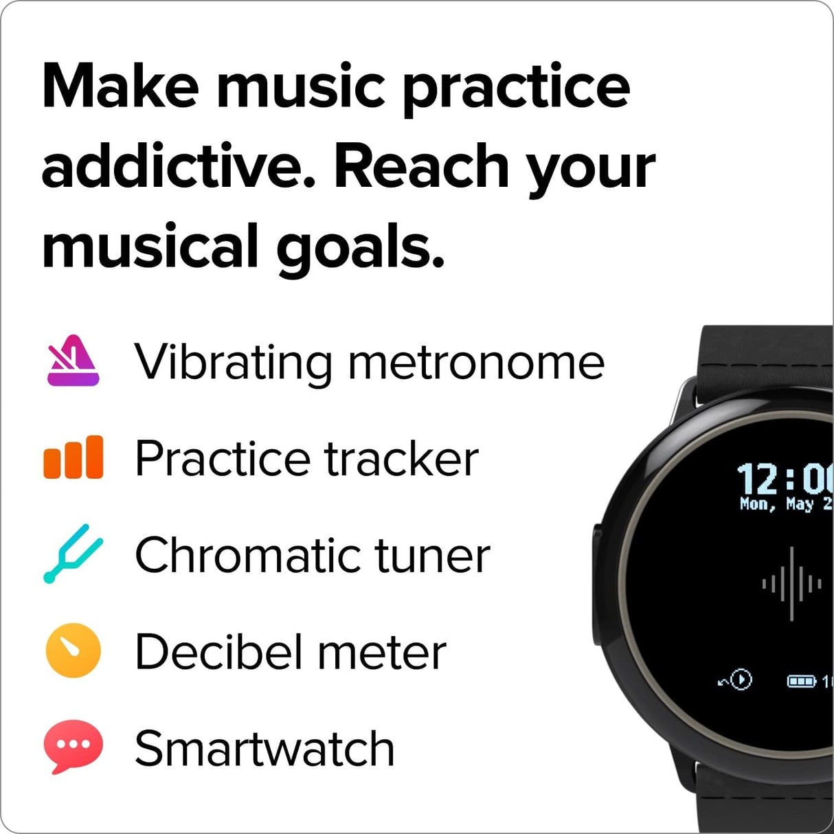 Soundbrenner Core Steel 2, compañero de práctica musical para todos los músicos con metrónomo vibratorio, rastreador de práctica, afinador cromático, medidor de decibelios y reloj inteligente, mejor