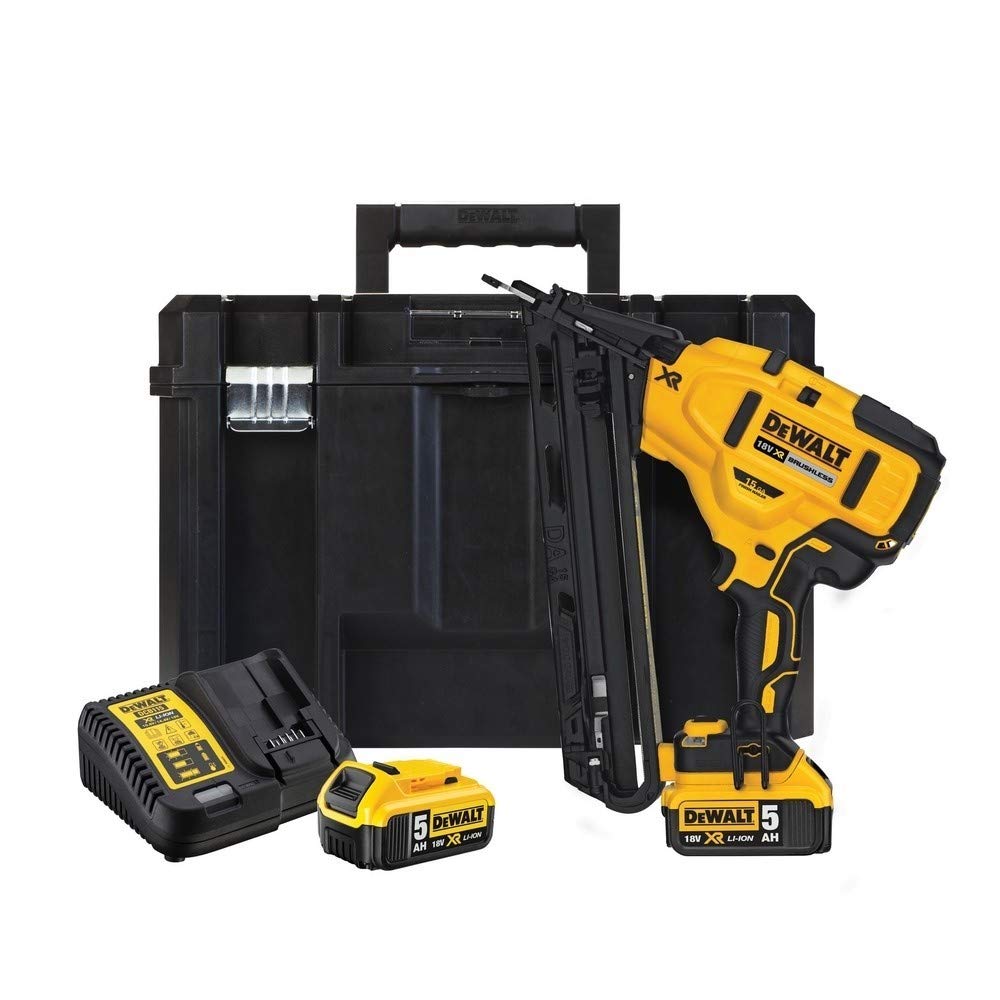 DeWalt DCN650P2-QW - Clavadora de Acabado sin escobillas XR 18V con 2 baterías Li-Ion 5,0Ah 15Ga para Clavos 34° de 1,8mm diámetro y 32-63mm Largo, 18 V, Negro/Amarillo