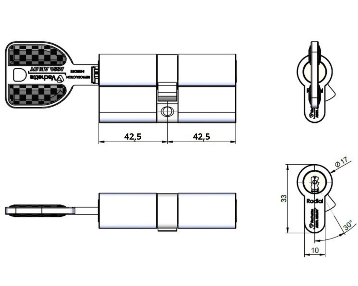 Vachette 582105 RADIALis-Cilindro de cerradura 42,5 x 42,5 mm, acero inoxidable, seguridad máxima, exterior, puerta de entrada, 4 llaves no copiables, tarjeta de propiedad, 42,5x42,5