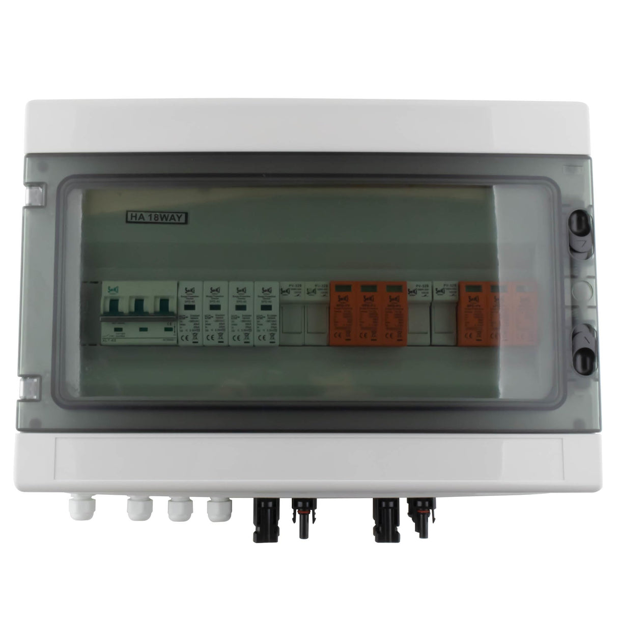 SeKi DC/AC 2 Strings 3P DC, 4P AC T2 Solar caja de conexiones Protección contra sobretensiones/protección contra rayos 32 A 1000 V; carcasa de superficie IP65 18 módulos; fotovoltaica fotovoltaica