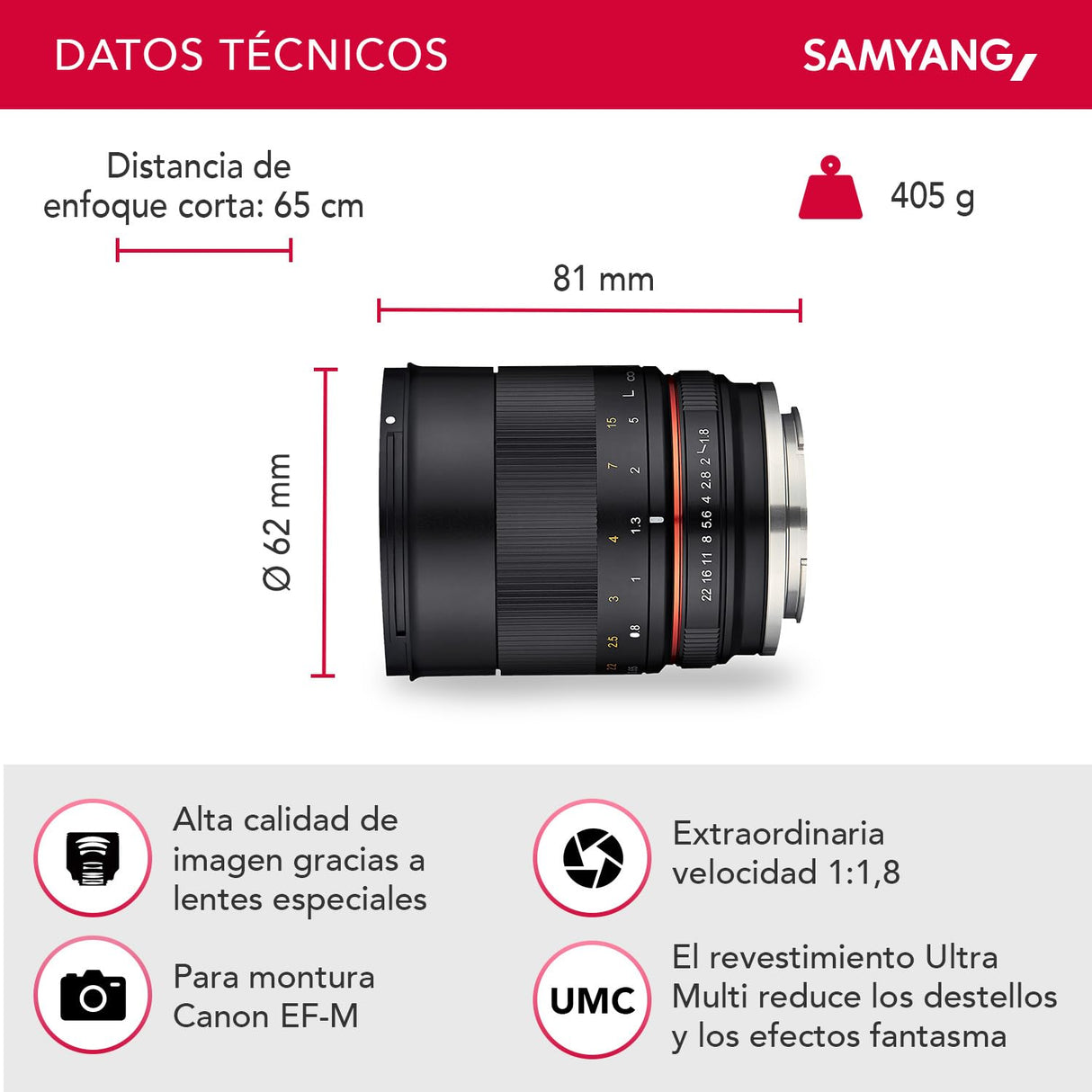 Samyang SA3501 - Tele-Objetivo Medio CSC 85 mm F1.8 para Sensor APS-C Canon M