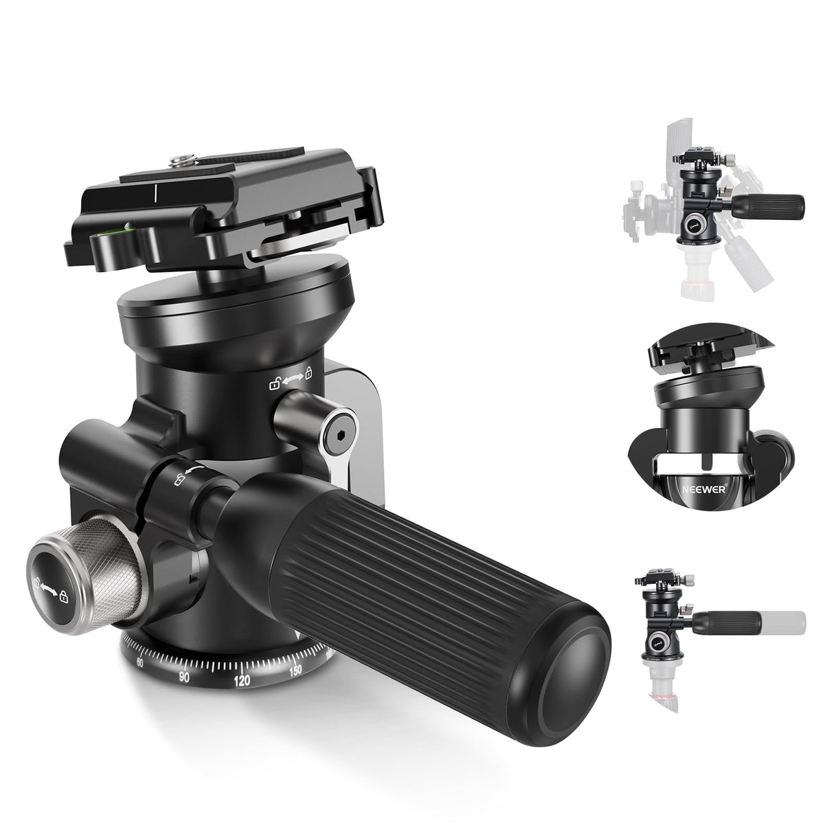 NEEWER Cámara Vídeo Trípode Cabezal Inclinable con Base Niveladora +/-15°, Cabezal de Trípode Fotografía con Mango Retráctil,1/4" Placa QR Tipo Arca para Videocámara DSLR, Carga Máx 11lb/5kg, TH03