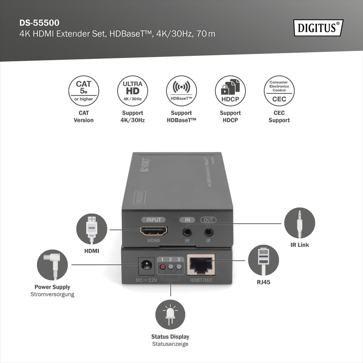 DIGITUS DS-55500 Extensor HDMI (HDBaseT) - UHD 4K/30 Hz - 40 m mediante cable LAN (HDBaseT 70 m) - Set: Transmisor y Receptor - IR Infrarrojos - HDCP 2.2 & HDBaseT 1.0
