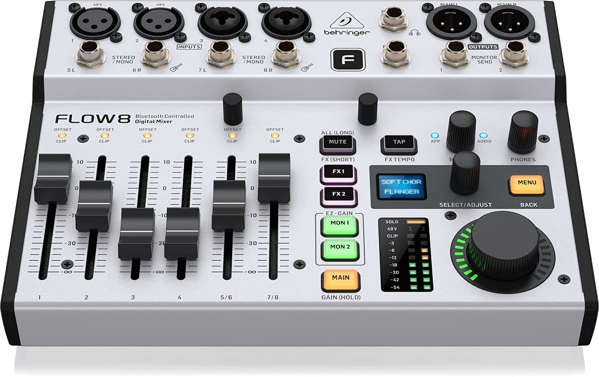 Behringer FLOW 8 Mezclador Digital De 8 Entradas Con Control De Audio Y De Aplicaciones Por Bluetooth, Faders De Canal De 60 Mm, 2 Procesadores De Efectos Y Una Interfaz USB/De Audio