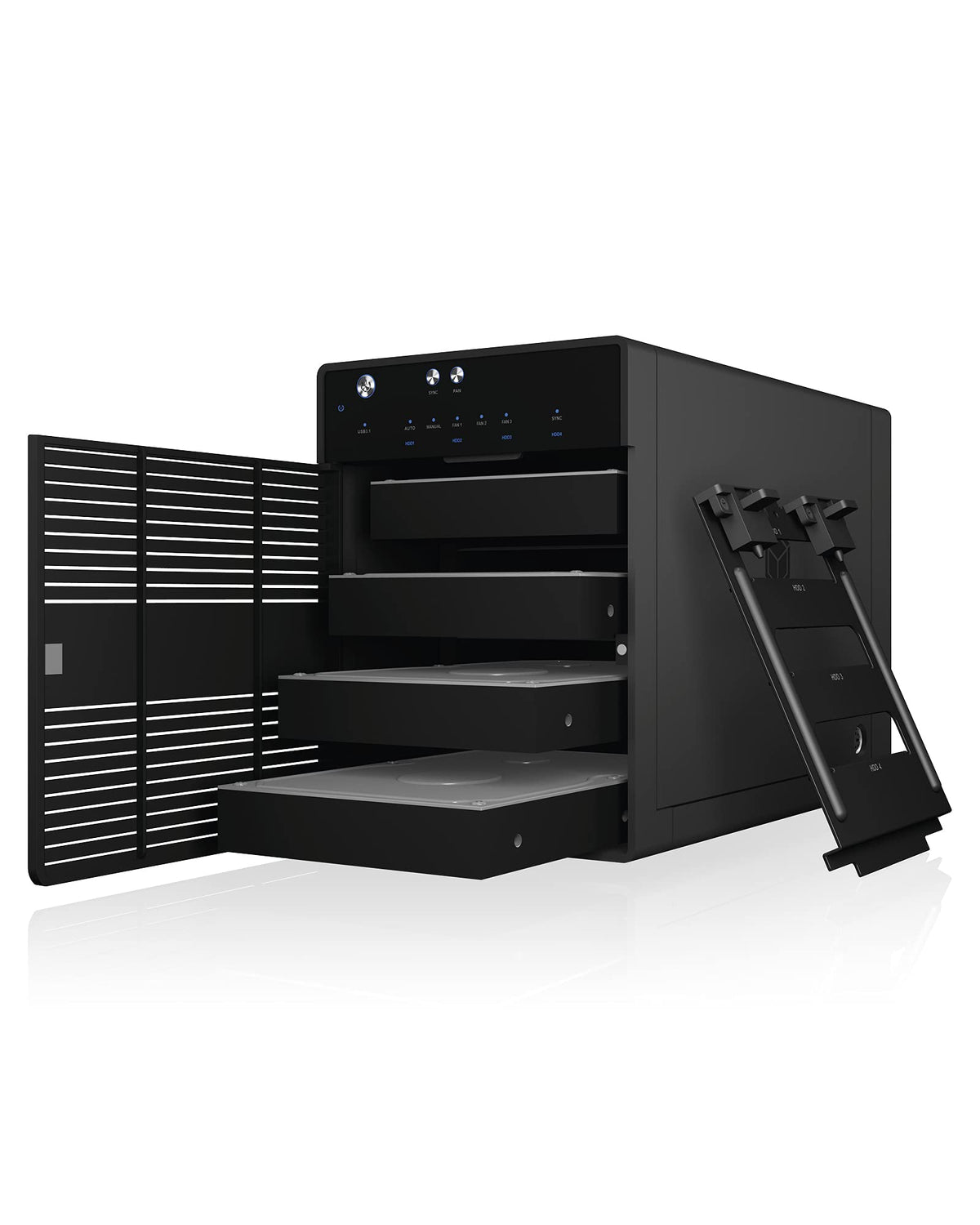 ICY BOX Externes 4-Fach USB-C Gehäuse für 2,5 Zoll & 3,5 Zoll SSD und Festplatten, USB 3.1 (Type-C, Gen 2), JBOD, Lüfter, SATA, Aluminium, Schwarz