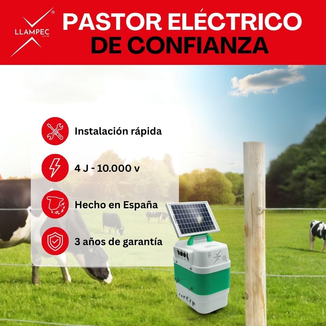Llampec Pastor Eléctrico Solar 16S con Panel Solar 12v 5v Incluido – 4J 10.000V - 40 km de Alcance – Cerca eléctrica para Ganado, Caballos, Ovejas y Cerdos - Batería no incluida - Fabricado en España