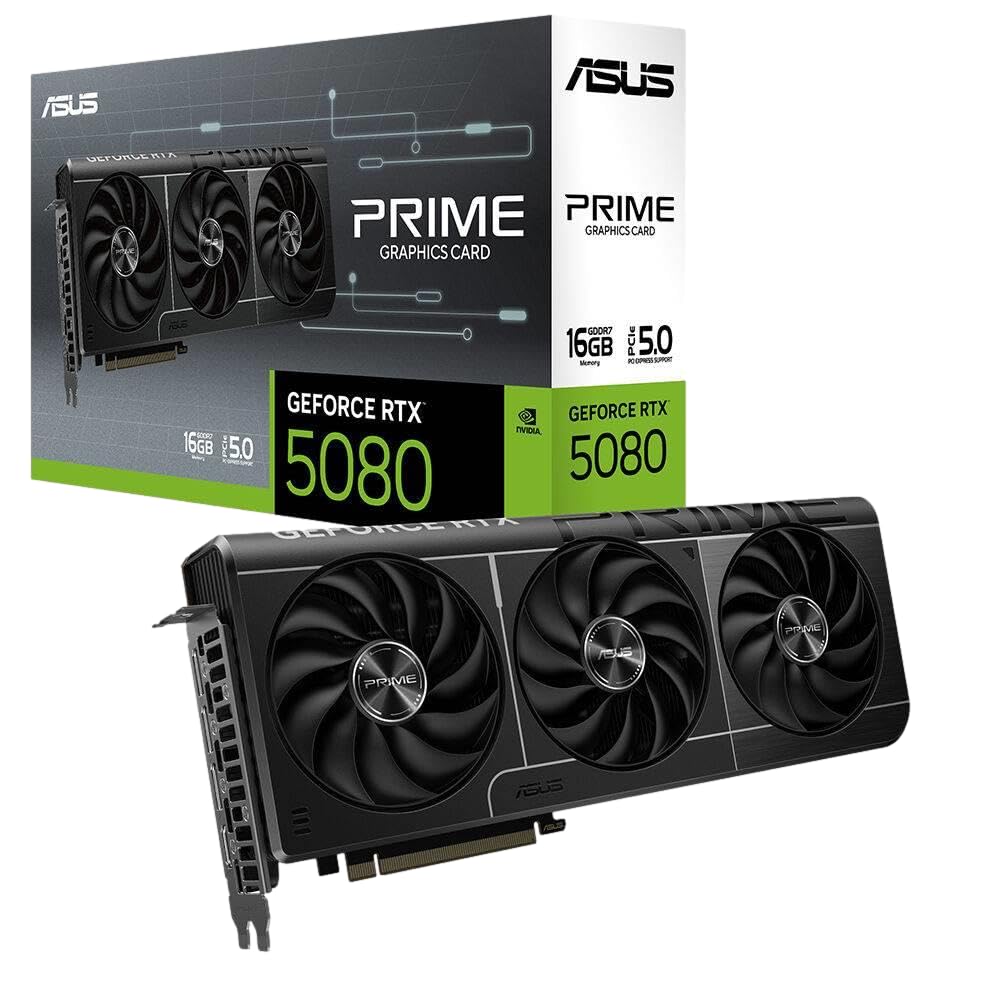 ASUS Prime GeForce RTX 5080 16GB GDDR7 Tarjeta gráfica Compatible con SFF (PCIe 5.0, 16 GB GDDR7, HDMI/DP 2.1, 2.5 Ranuras, Ventiladores Axial-Tech, cámara de Vapor, BIOS Dual)