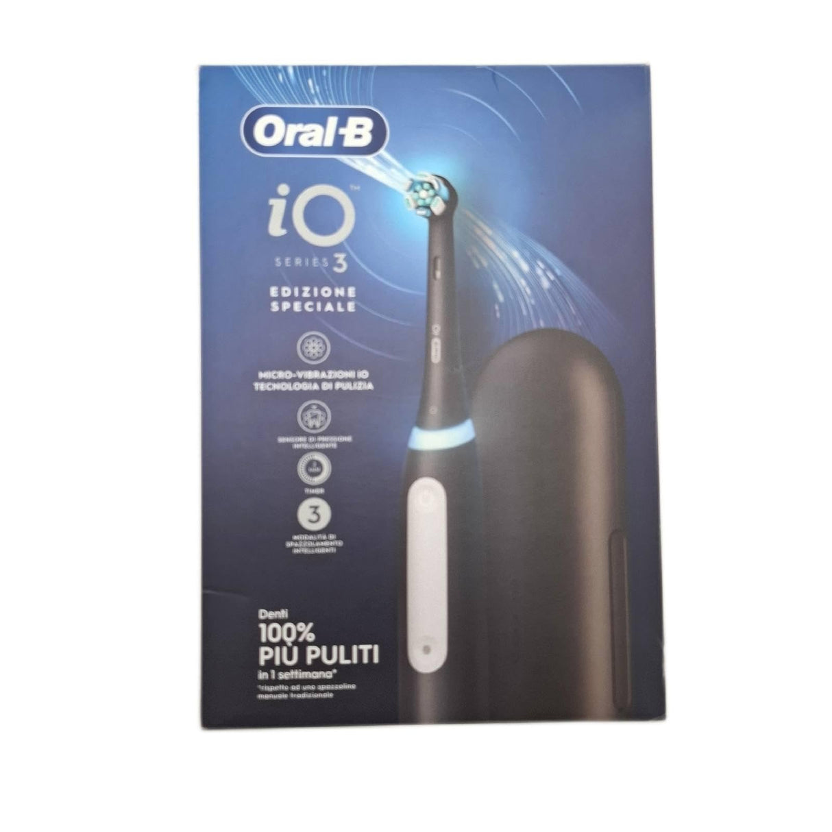 Oral-B Cepillo de dientes eléctrico recargable iO 3 negro, 1 cepillo de dientes eléctrico, 1 cabezal de repuesto, funda de viaje + pasta de dientes Oral-B Advanced protección sensibilidad, limpieza de