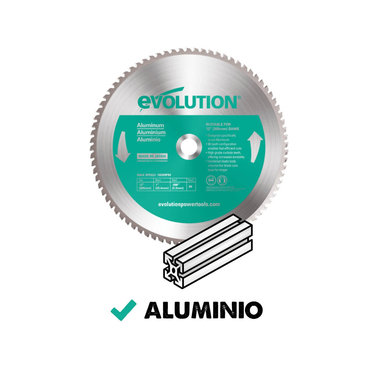 Evolution 355mm A355TCT-80CS Hoja de sierra para cortar aluminio - Hoja de sierra de metal con punta de carburo de 80 dientes que casi no genera calor, rebabas ni chispas