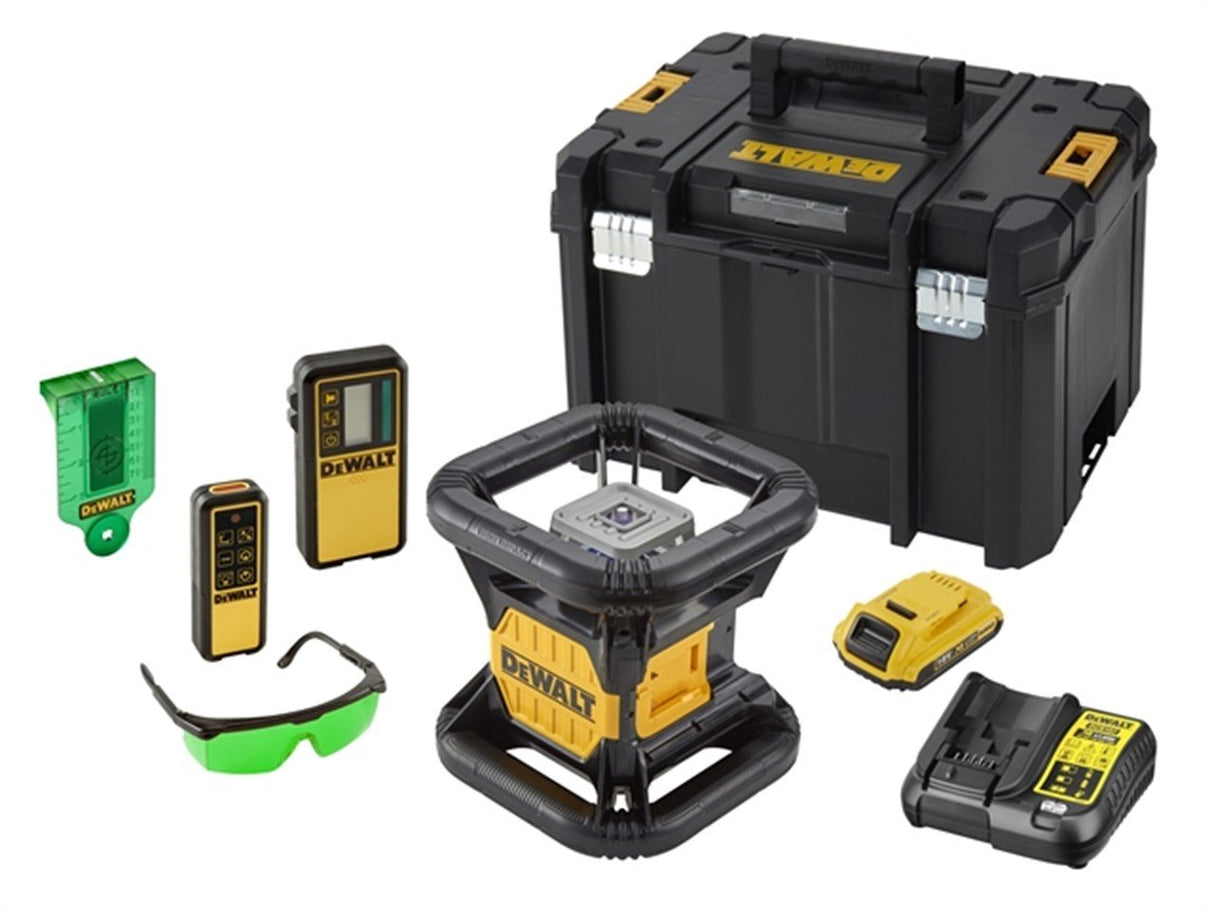 DEWALT DCE079D1G-QW - Láser Rotativo VERDE con batería 18V 2.0Ah. Alcance 76/600m. Incluye detector, cargador batería, soporte, gafas, tarjeta magnética y caja TSTAK