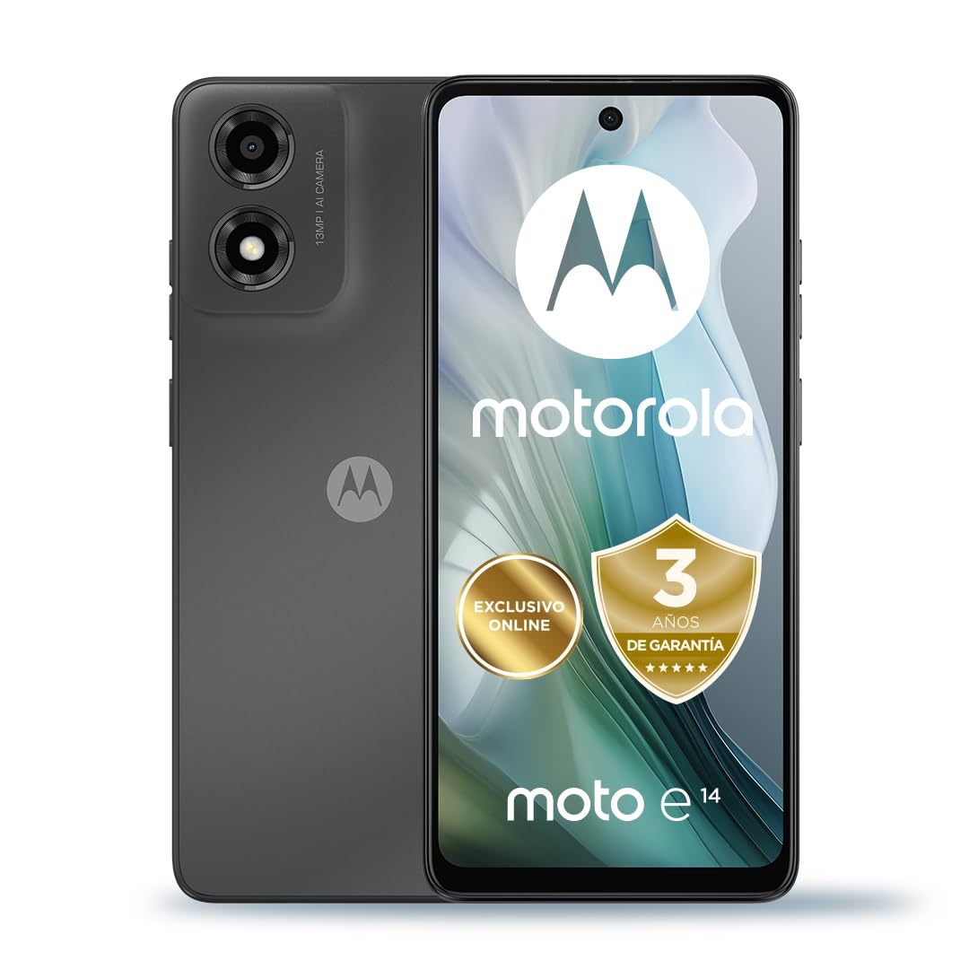 Motorola Moto E14, 4GB(2+2GB RAM Boost)/64GB, Pantalla HD+6,56" y 90 Hz, Sonido Dolby Atmos, cámara con IA, Android 14, 5000 mAh,Carga TurboPower 15W (Incluido), procesador Octa-Core,Dual SIM,Gris