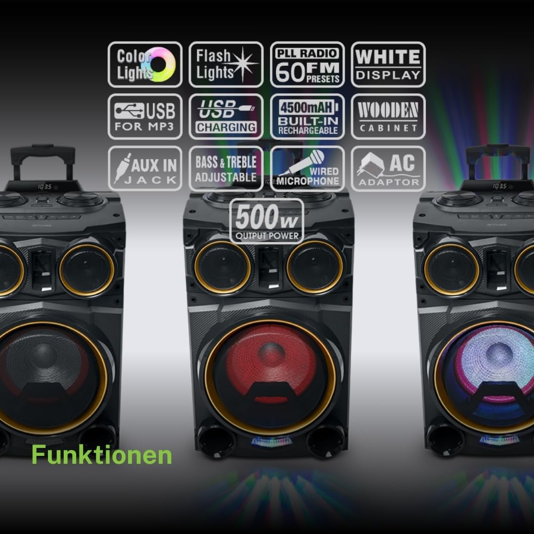 M-1938 DJ - Altavoz Bluetooth con Radio, USB, 2 entradas de Micro luz Ambiente 150W (Incluye micrófono)