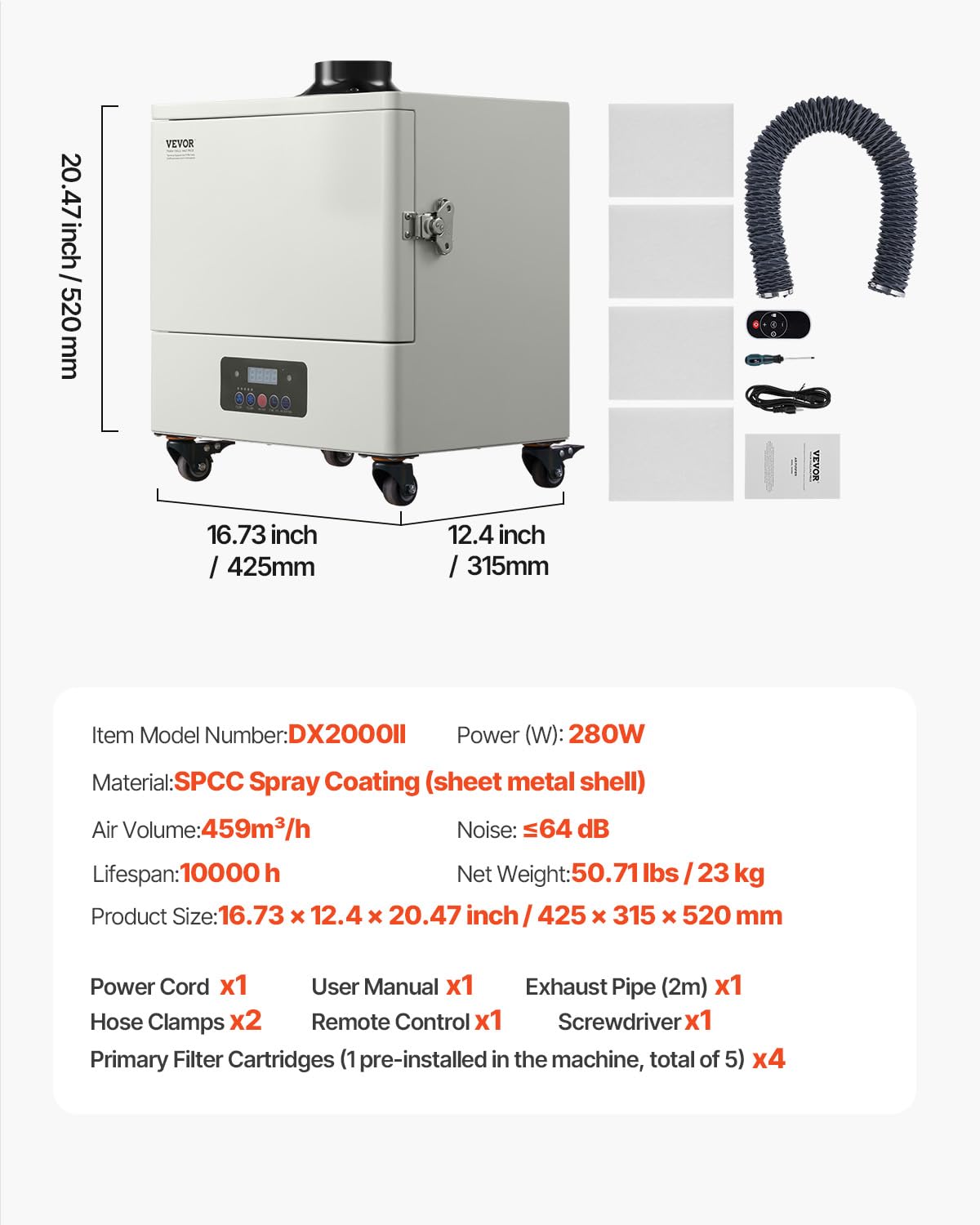 VEVOR Extractor de Humos de Soldadura 280 W con Mangueras Dobles Absorbedor de Humo de Soldadura 459 m³/h sin Escobillas con Filtros de 4 Etapas y 10 Velocidades para Soldadura, Grabado Láser