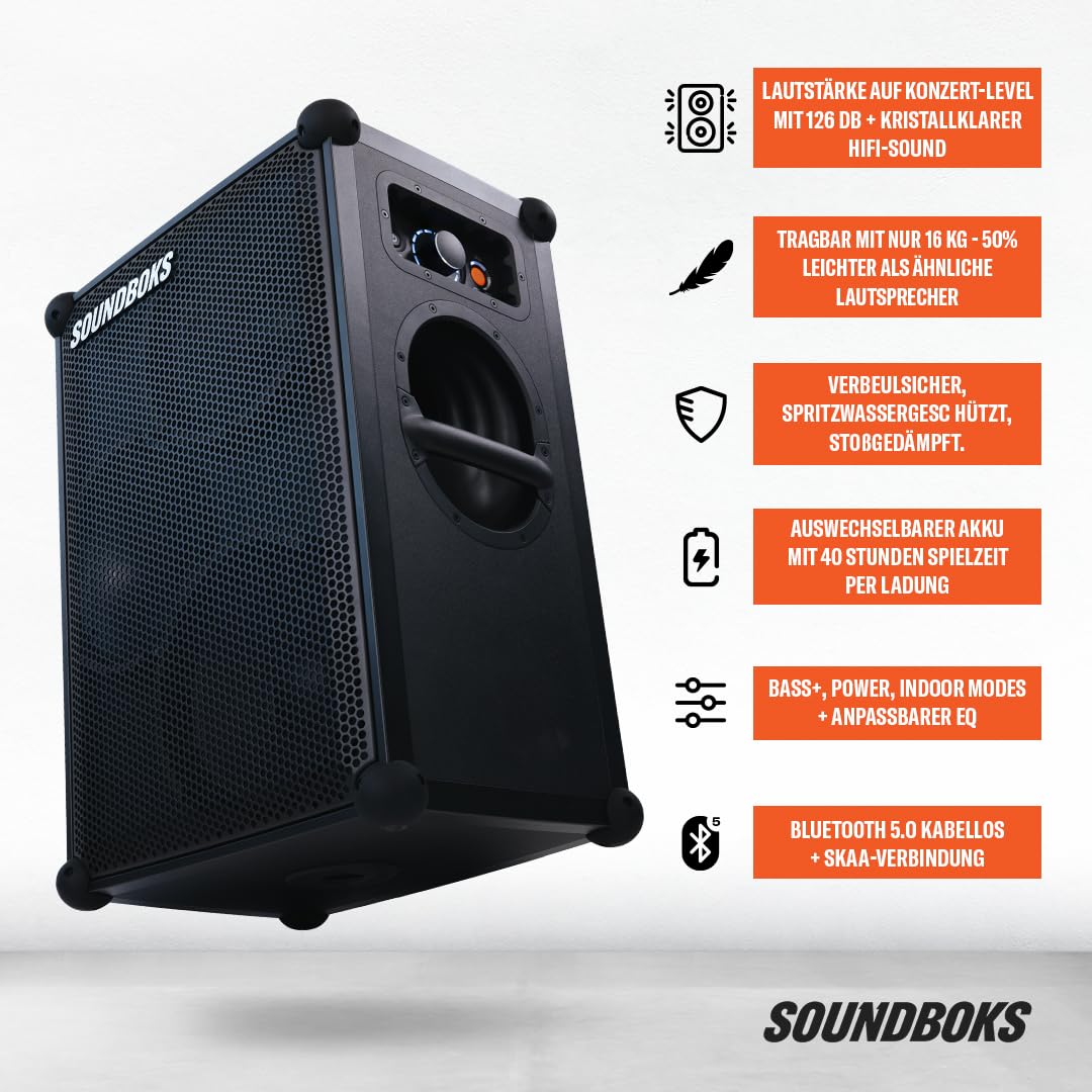 SOUNDBOKS 4 – Altavoz portátil Bluetooth 5.0 de Potencia más Alto – Diseñado en Dinamarca – batería de 40 Horas – 126 dB – inalámbrico – batería reemplazable – acoplable