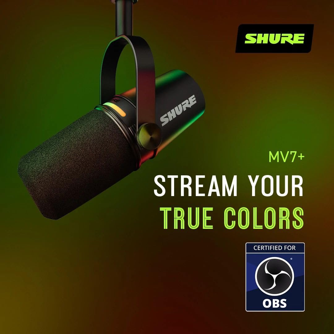 Shure MV7+ Micrófono para Podcast con Soporte de micrófono-Audio Mejorado, Panel táctil LED, Salidas USB-C y XLR, Modo de nivelación automática, Filtro Pop Digital, Efectos de reverberación - Negro