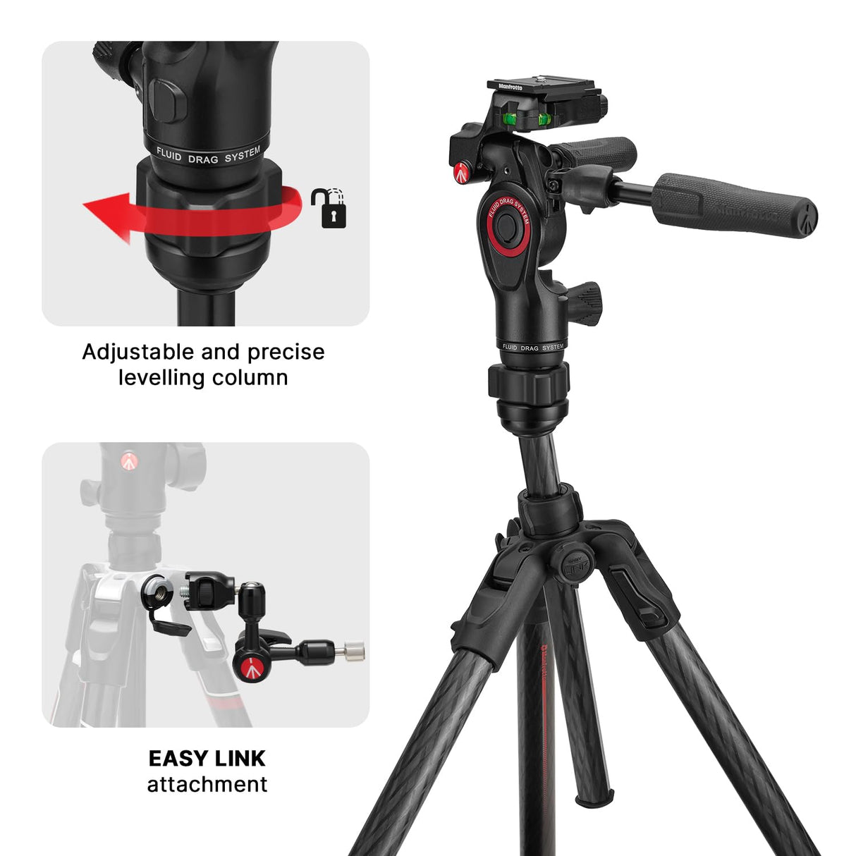 Manfrotto Befree GT Pro - Trípode de Viaje de Fibra de Carbono de 4 Secciones con Cabezal de Giro e inclinación de 3 vías, Color Negro