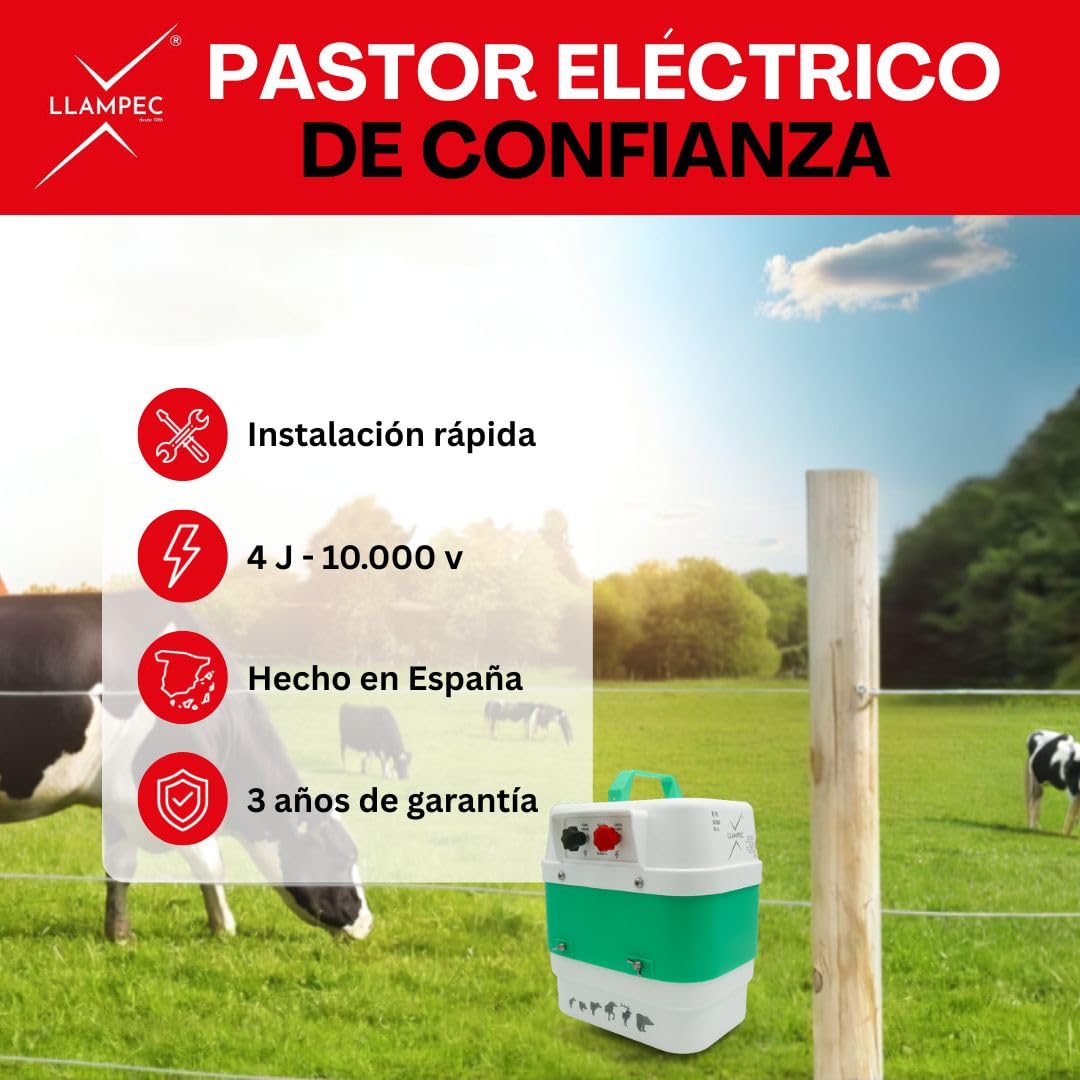 Pastor eléctrico Llampec Mod.16 con batería 12V – 4 J, 9.500 V y 40 km de alcance – Ideal para ganado equino, vacuno, porcino, ovino y animales salvajes – Batería y panel solar no incluidos