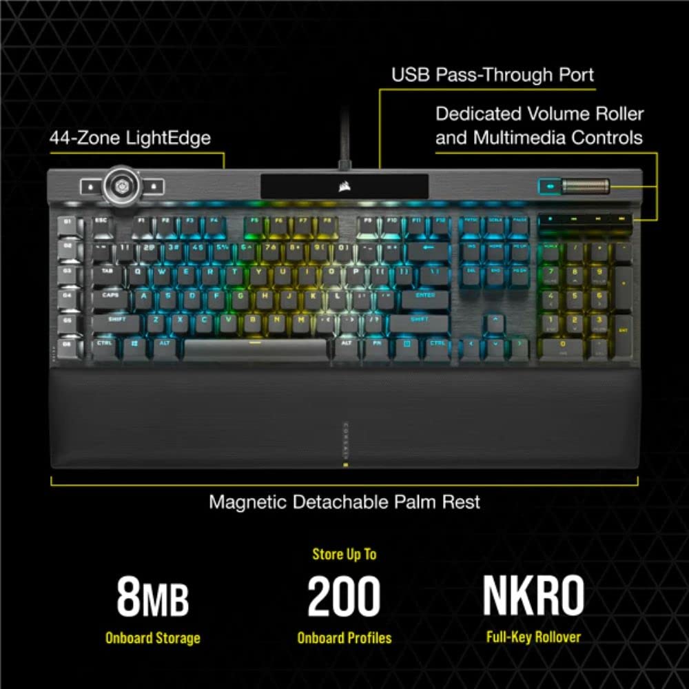 Corsair K100 RGB Teclado para Juegos con Cable Óptico-Mecánico - Interruptores OPX - PBT Double-Shot - Integración Elgato Stream Deck - Compatible con iCUE - PC, Mac, Xbox - QWERTY ES - Negro