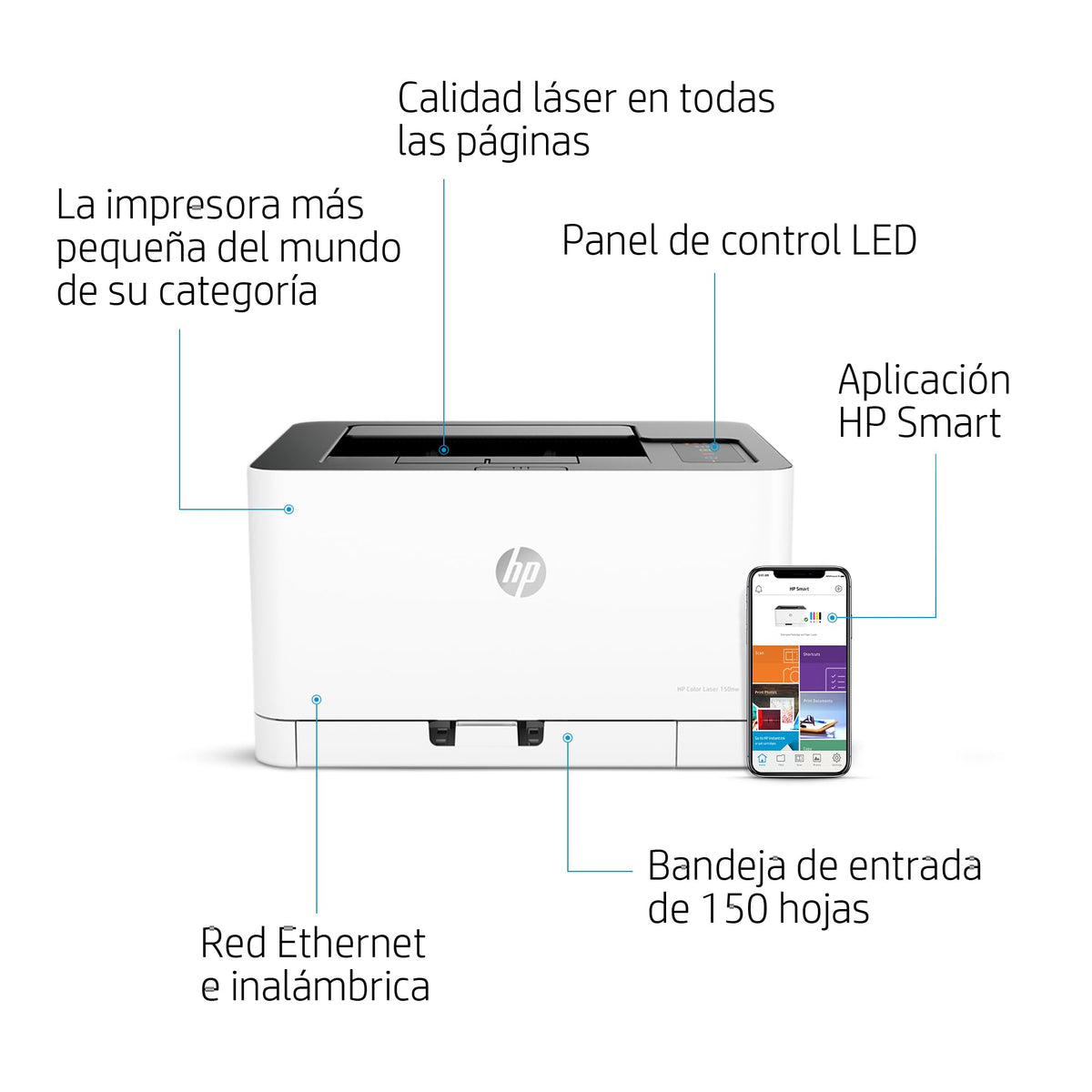 HP Color Laser 150nw 4ZB95A, Impresora Láser Monofunción A4 a color, impresión a doble cara manual, Wi-Fi, Ethernet, USB 2.0 alta velocidad, Compatible con HP Smart App, Panel de control LED, Blanca