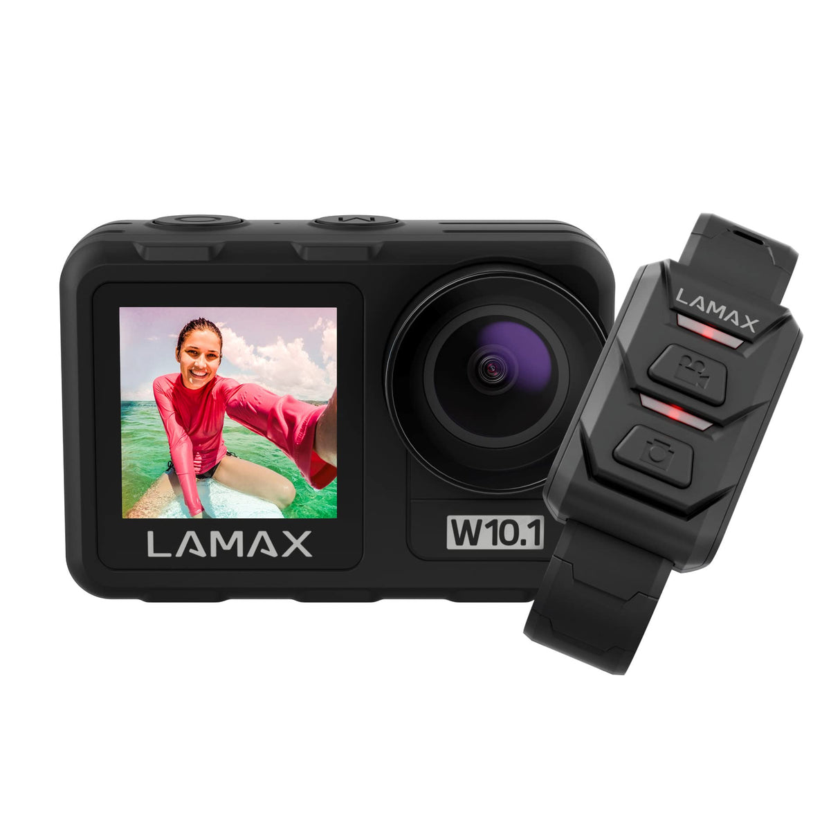 LAMAX W10.1 Real 4K 60 fps Action CAM con estabilización MAXsmooth 2.0, cámara subacuática, videocámara con Doble Pantalla, Accesorios completos, Wi-Fi, vídeo a cámara Lenta, lapso de Tiempo, Modo de