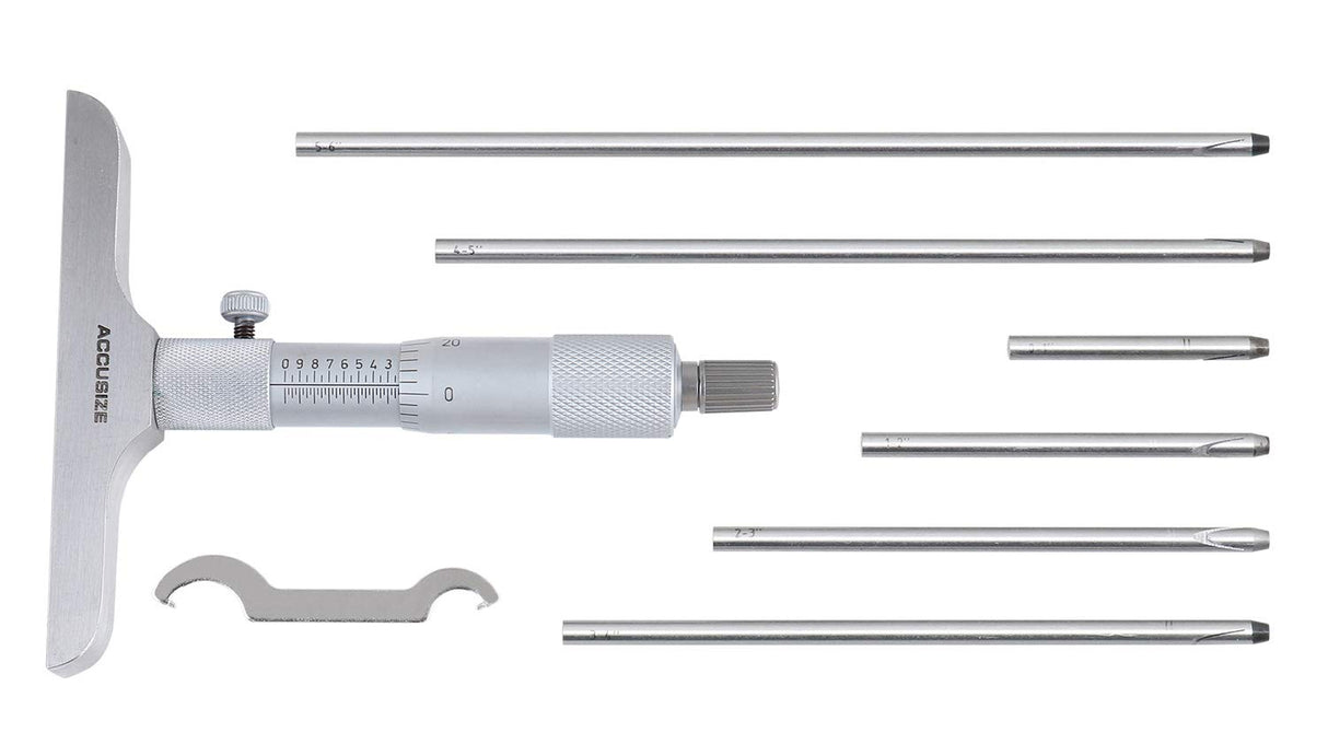 accusize – 6 "Profundidad micrómetros, base de profundidad 4," con 6 varillas en caja de sábana bajera ajustable, # 2025 – 4201