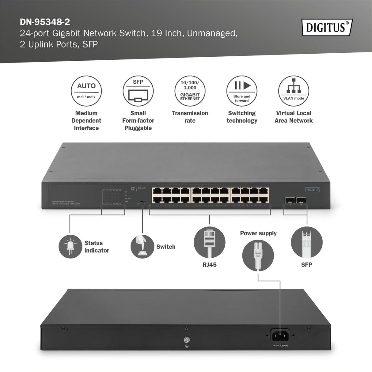 DIGITUS Conmutador de Red Ethernet PoE Gigabit de 24 Puertos - No gestionado - 24 Puertos RJ45 + 2 Puertos de Enlace Ascendente SFP - Presupuesto PoE de 370 W - Factor de Forma de 19 Pulgadas - Negro