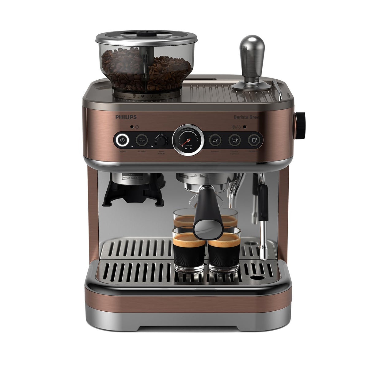Philips Barista Brew - Cafetera espresso semiautomática. Botón para espresso simple y doble + americano, recipiente doble para granos de 280 g, apisonado calibrado, cappuccino de metal (PSA3228/41)