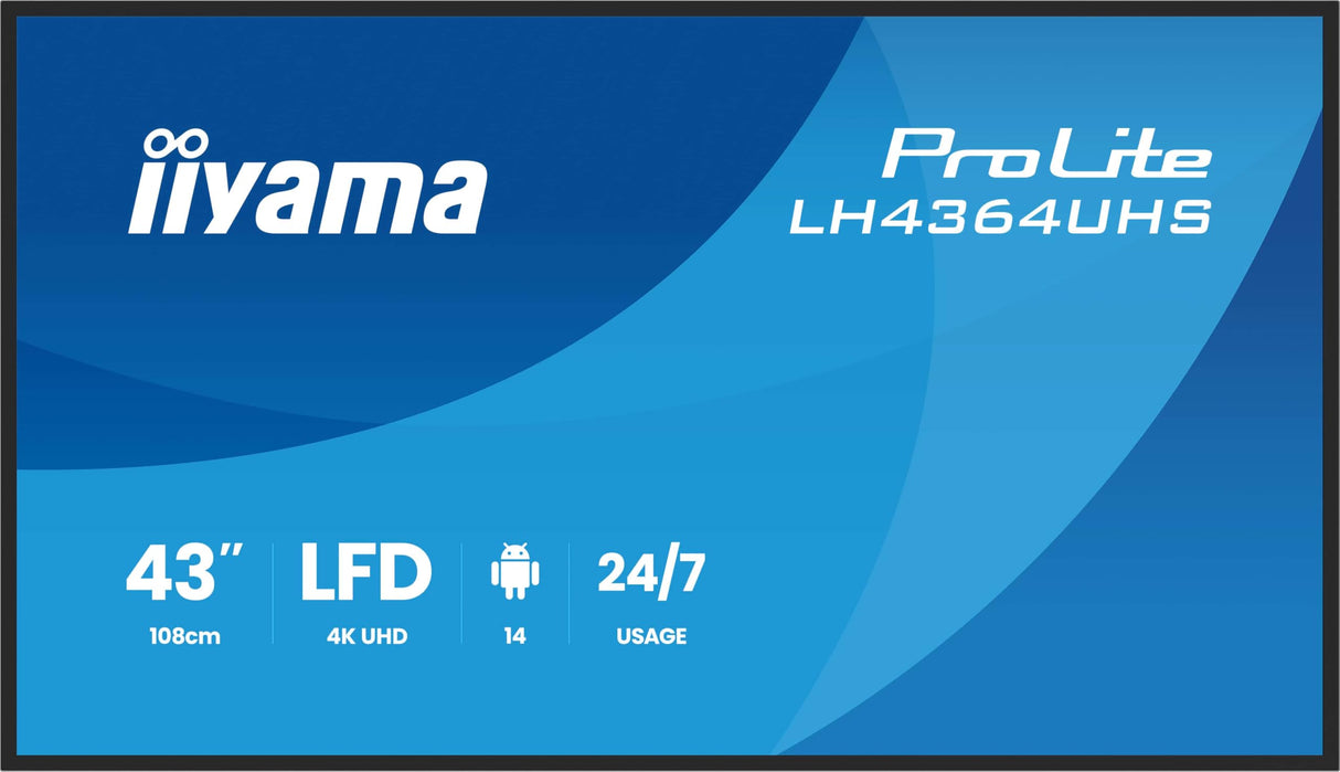 iiyama Prolite LH4364UHS-B1AG 108 cm 43" Digital Signage Display VA LED Panel 4K UHD HDMI USB-C USB2.0 RS-232c RJ45 Android 14 OS iiSignage² WiFi Mediaplayer 24/7 AntiGlare Negro