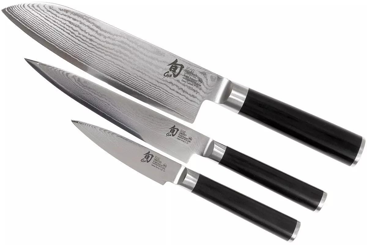 KAI Shun Classic Juego de cuchillos de chef japonés 3 piezas - Santoku con hoja de 18 cm + Cuchillo multiusos con hoja de 15 cm + Cuchillo de oficina con hoja de 9 cm, Cuchillo de Damasco VG MAX
