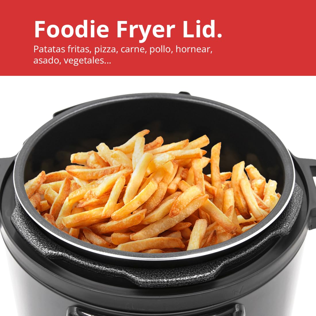 Robot de cocina 2 en 1, Olla programable Foodie Pot y Freidora sin aceite Foodie Fryer Lid, 9 electrodomésticos en 1, Capacidad 6L, 1300W, 3 niveles de potencia, 2 tapas programables.