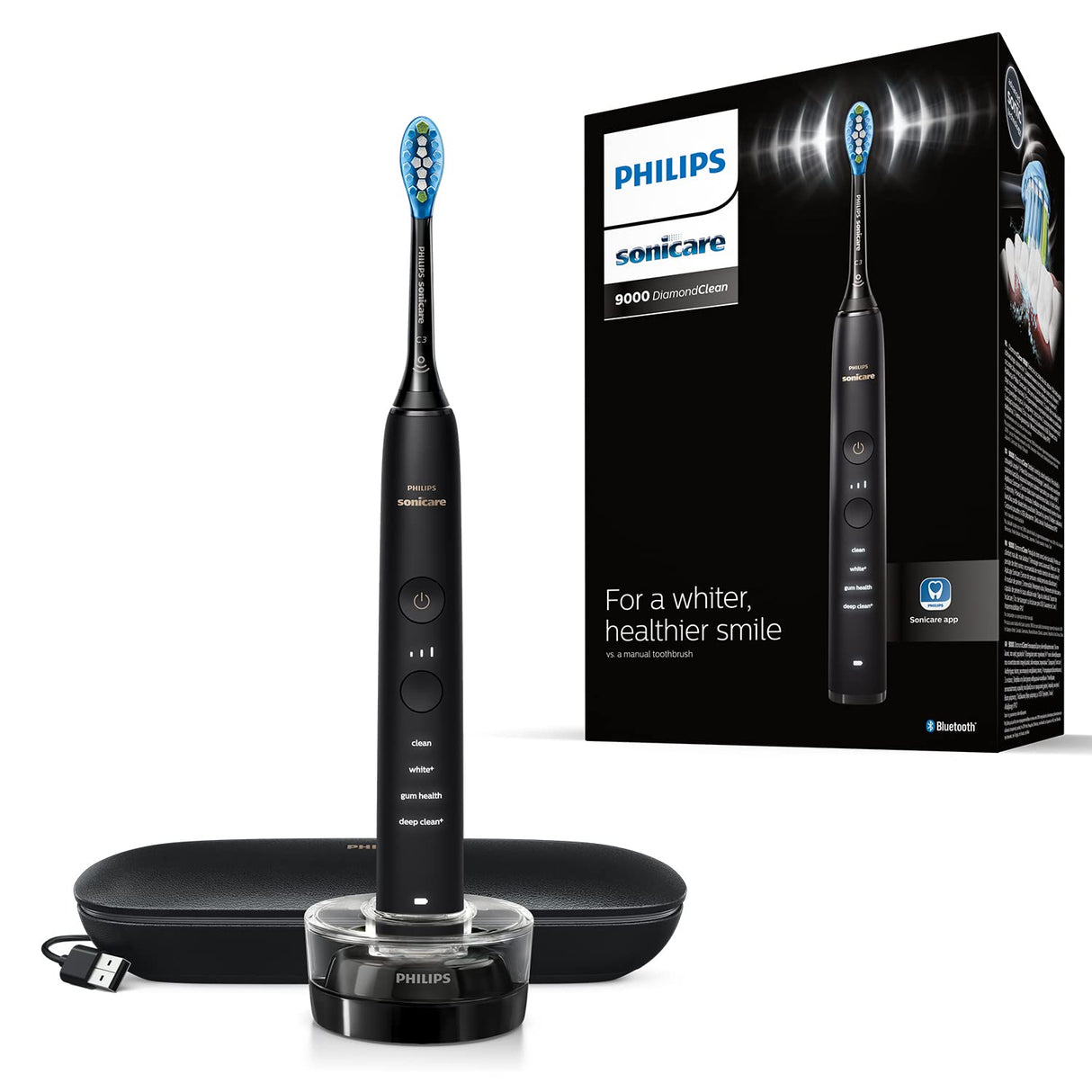 Philips Sonicare DiamondClean 9000 - Cepillo de dientes eléctrico negro, 4 modos, 3 intensidades, sensor de presión de encías, aplicación, mango conectado, enchufe de baño de 2 pines, el embalaje