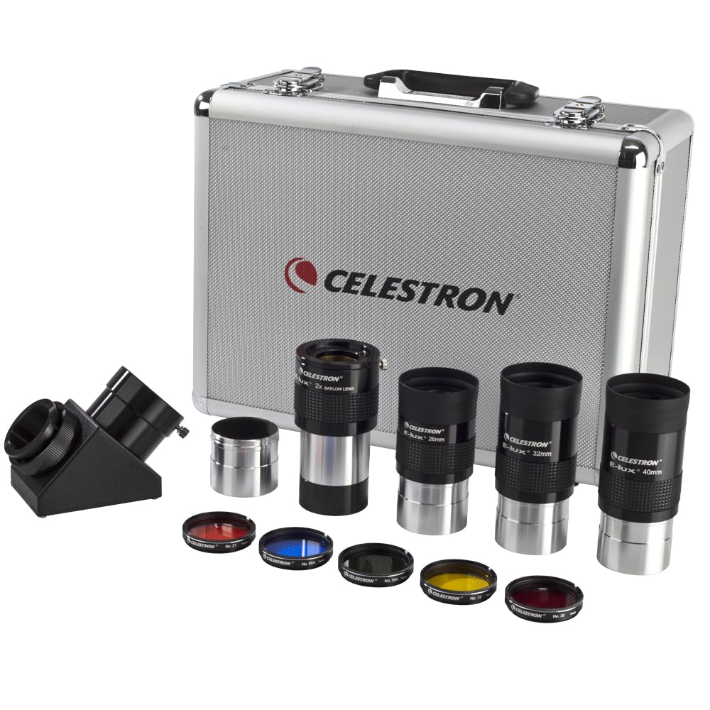 Celestron 94305: ocular 2 pulgadas y kit de filtros, 12 uds. - Espejo diagonal 2", adaptador diagonal, 3 oculares E-lux 2", 2 lentes de Barlow, filtros de 5 colores, funda rígida de aluminio, plateado