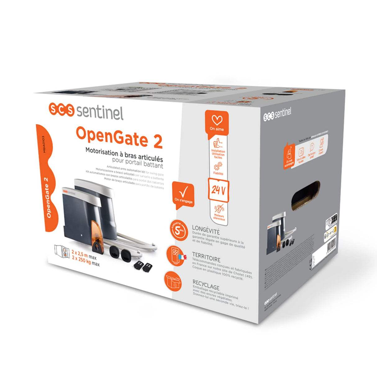 SCS Sentinel - MBA0103 Automatismo a brazos articulados para cancelas batientes - 24V - 2 mandos a distancia - 50m de alcance - lámpara parpadeante LED - 5 m de longitud - 500 Kg máx - OpenGate2