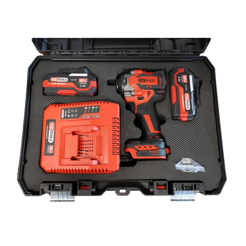 KS TOOLS 515.4710F - Llave de impacto (1/2", llave de impacto inalámbrica sin rosca, potencia 18 V, 850 Nm, 1,5 kg, sin batería, incluye 2 baterías de 4 Ah