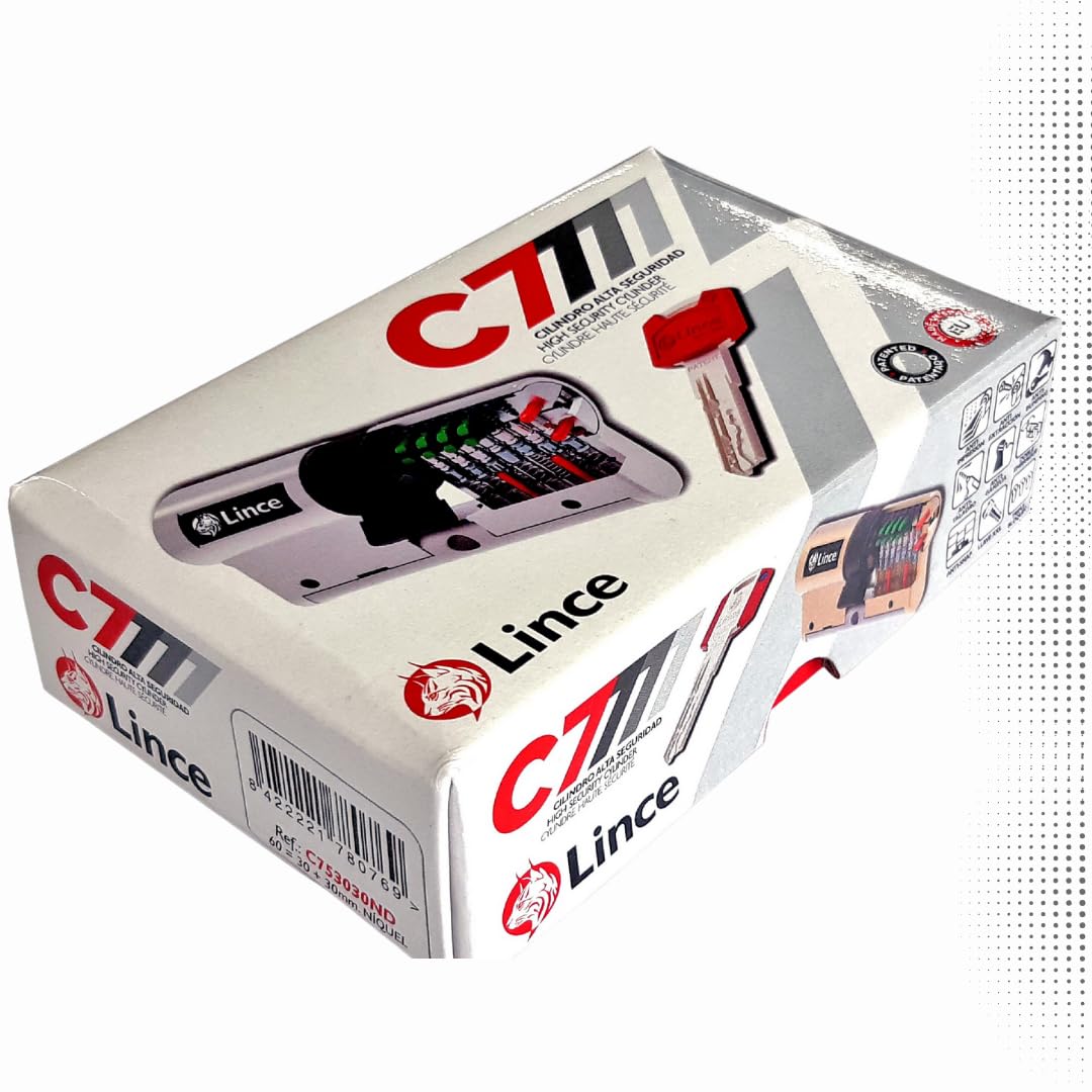Lince - Cilindro de cerradura de alta seguridad con botón C7 L30+B30 | Desbloqueable con 5 llaves | Color níquel | Resistente a todas las técnicas de robo conocidas
