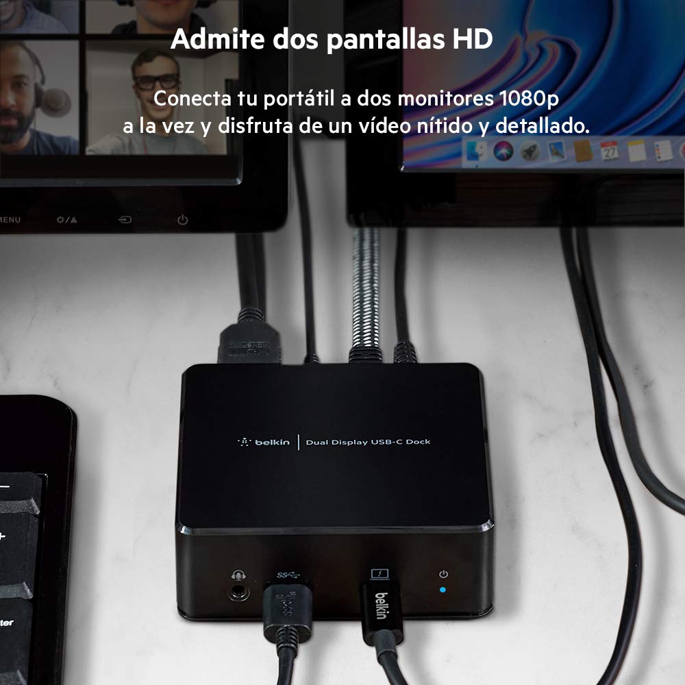 Belkin estación de acoplamiento USB-C para dos monitores(PD 85 W, HDMI, USB-A 3.1 Gen 1, USB-C, Gigabit Ethernet, adaptador de 135 W, audio), docking station para MacBook, Windows, Chromebook y otros