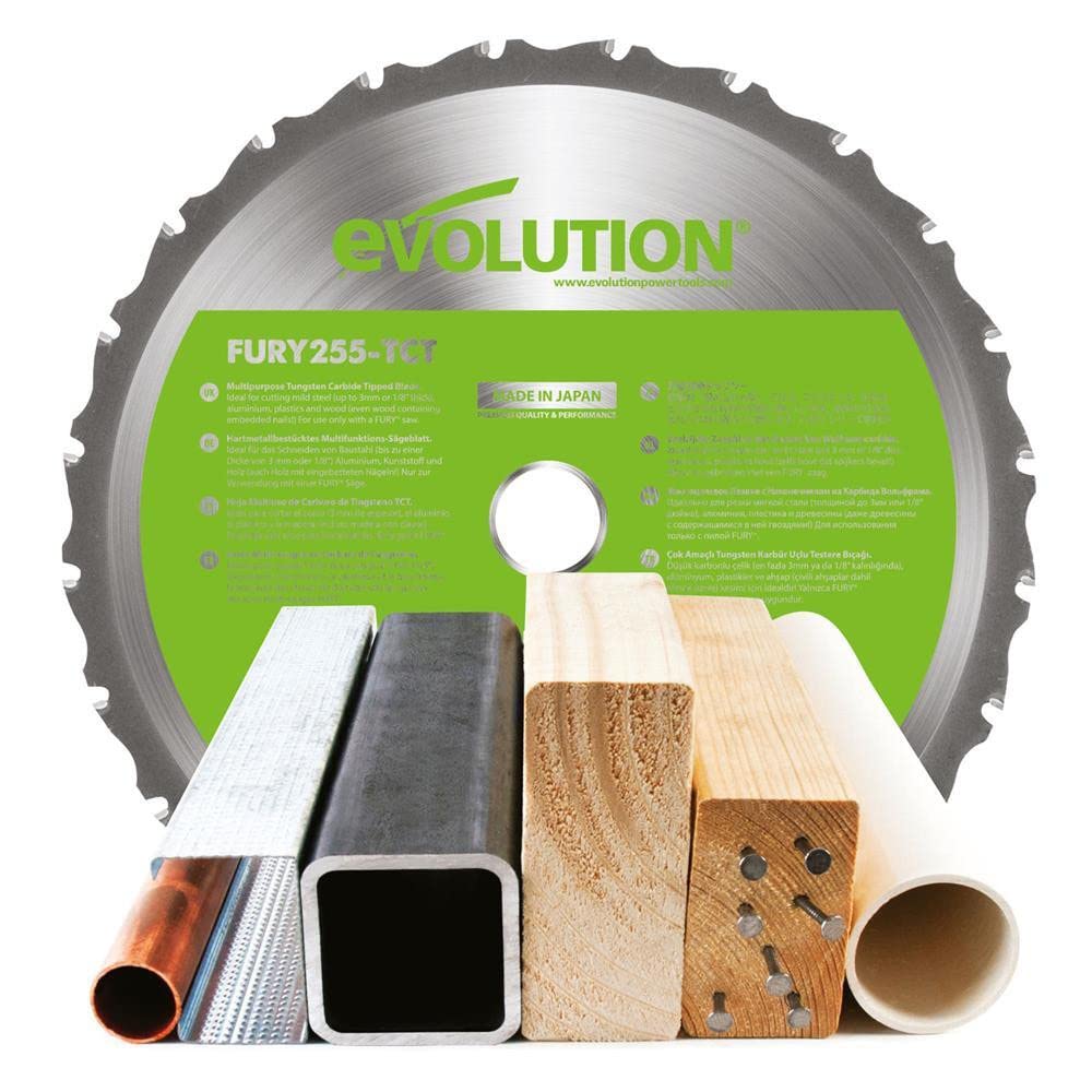 Evolution Power Tools F255SMS Sierra ingletadora deslizante multimaterial, Corta acero dulce, aluminio, plástico, madera con clavos incrustados, 255 mm (230V)
