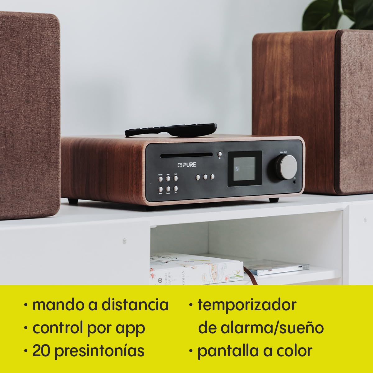 Sistema de música HiFi estéreo clásico - Radio Internet, Dab+/FM, Bluetooth 5.2, Reproductor de CD, USB, Spotify Connect, AUX, Entrada óptica, Sonido Estéreo 100W - Coffee Black/Walnut