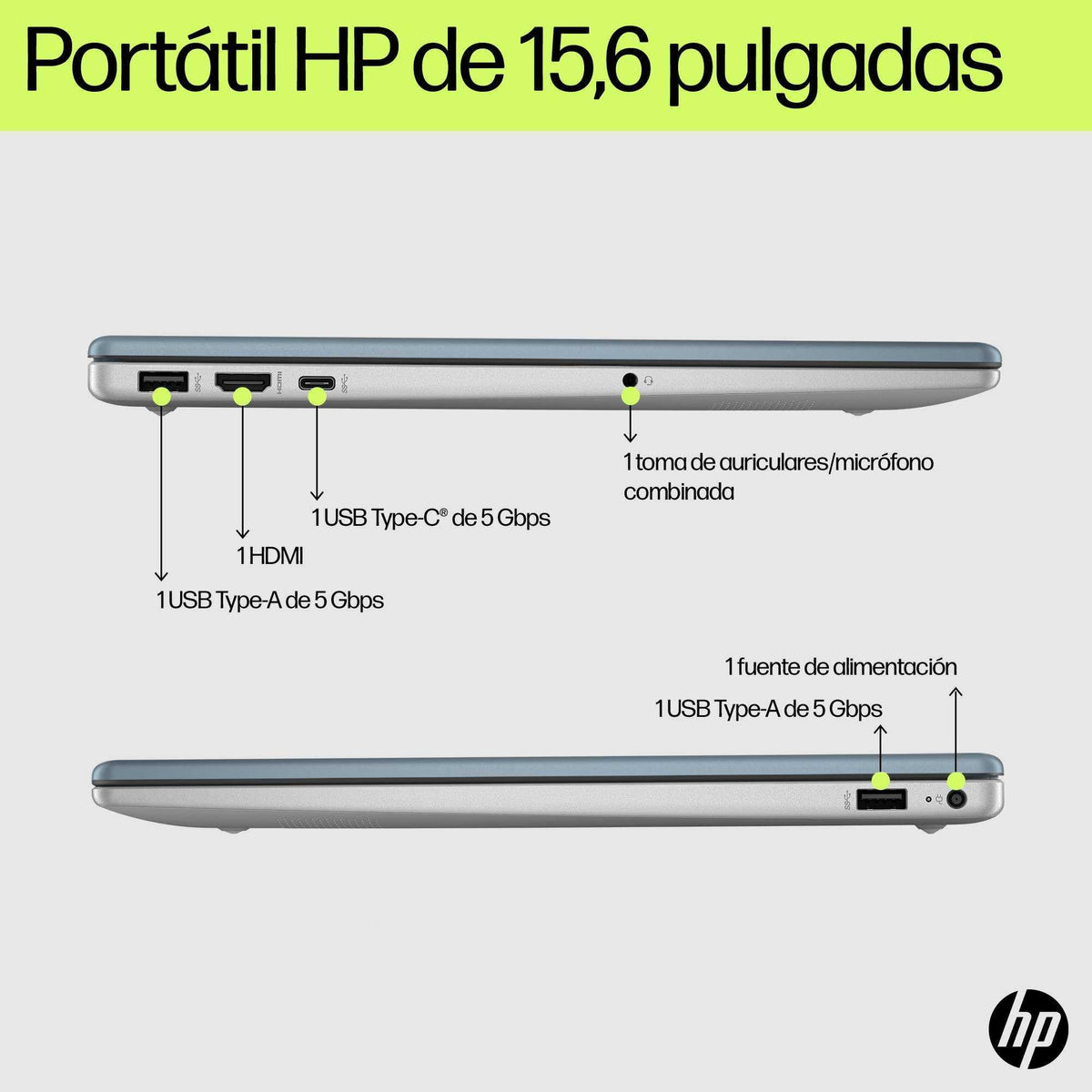 HP 15-fd2012ns - Ordenador portátil de 15.6" FHD (Intel Ultra 7-255U, 32GB RAM, 1TB SSD, Intel Iris Xe Graphics, Sin Sistema operativo) Plata y Azul - Teclado QWERTY Español
