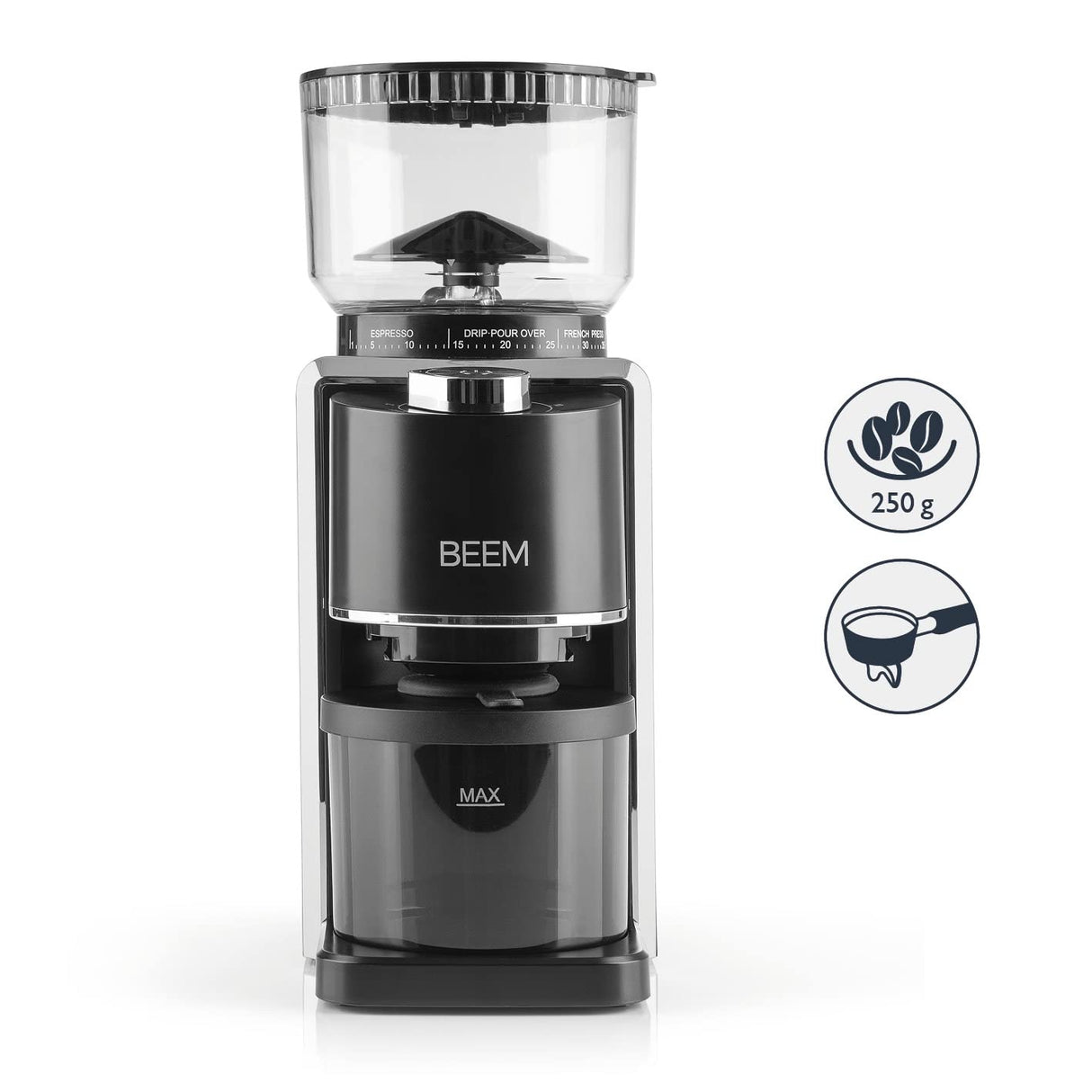 BEEM GRIND-PERFECT Molinillo de café eléctrico, 250 g, ajuste de grado de molienda de 35 niveles, mecanismo cónico, dosificación ajustable mediante rueda giratoria (2 – 12 tazas), molido directamente