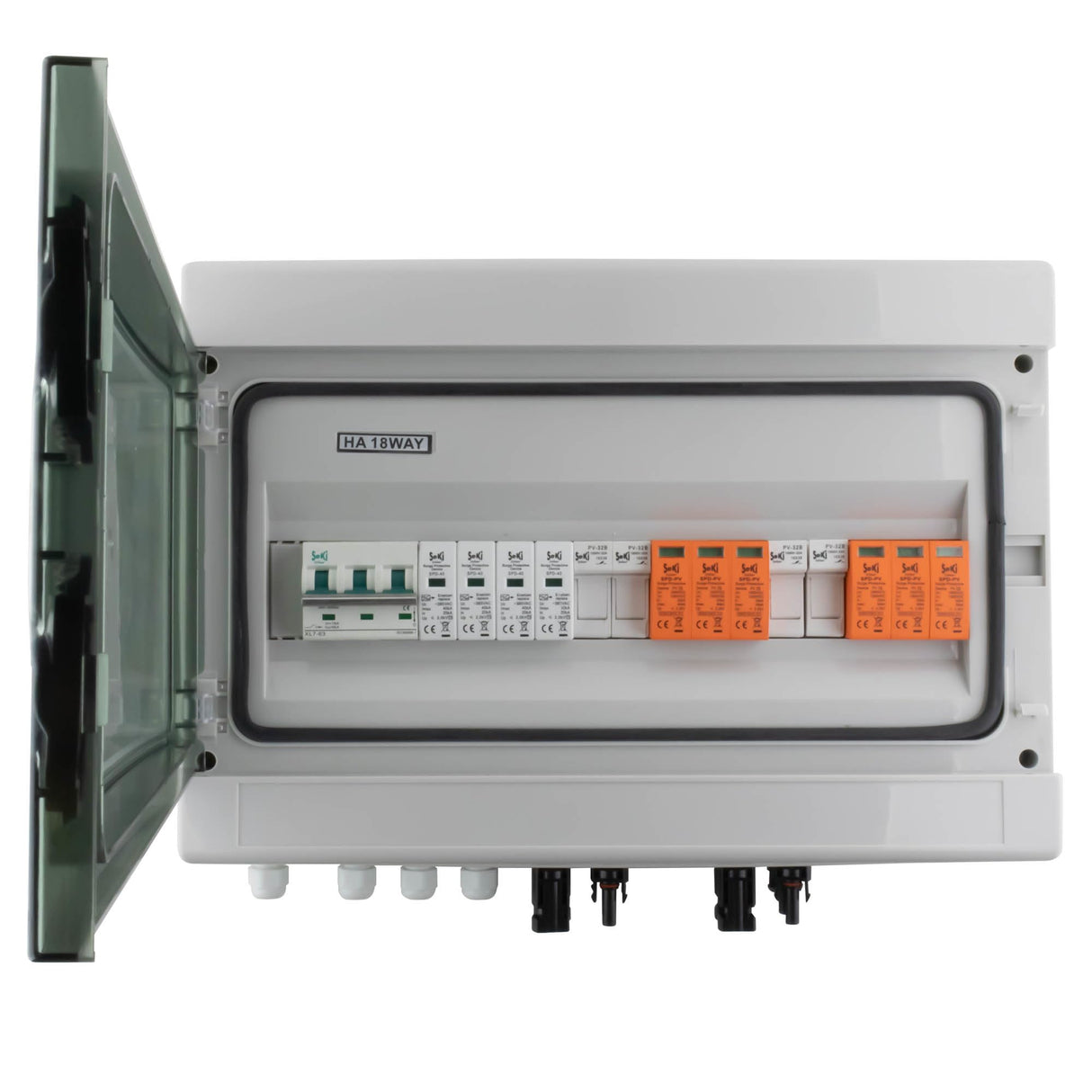SeKi DC/AC 2 Strings 3P DC, 4P AC T2 Solar caja de conexiones Protección contra sobretensiones/protección contra rayos 32 A 1000 V; carcasa de superficie IP65 18 módulos; fotovoltaica fotovoltaica